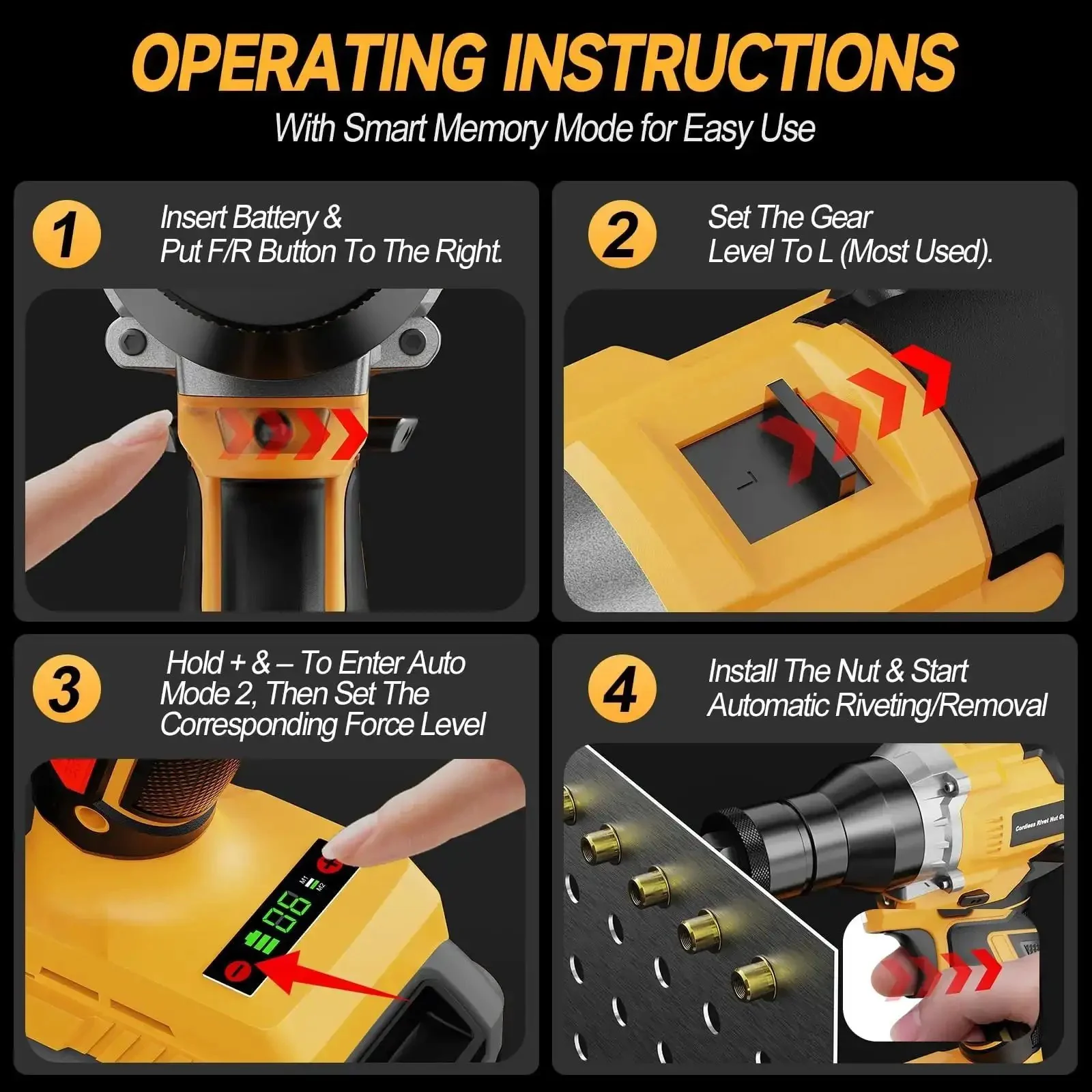Cordless Rivet Nut Gun For Dewalt 20V Max Battery With Auto Mode And Memory One Quarter Inch Five Sixteen Inch Three Eighth Inch Nut Heads Go Anywhere Portable Rivnut Tool Tool Only - Image 2