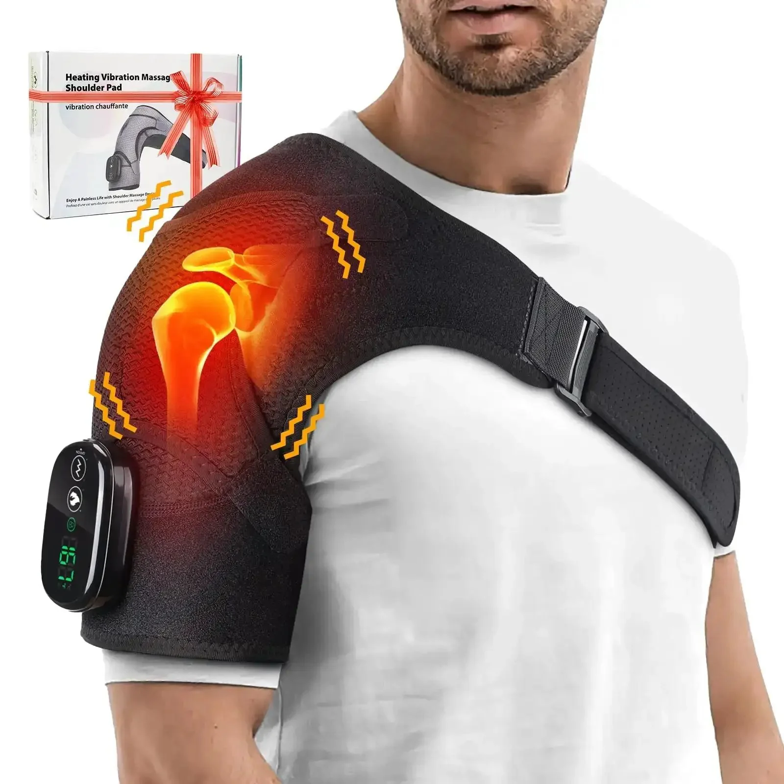 Cordless Shoulder Heating Pad And Massager With Heat And Vibration Portable Shoulder Wrap For Pain Relief Rotator Cuff Support Adjustable Heat Settings And Vibration Modes Black