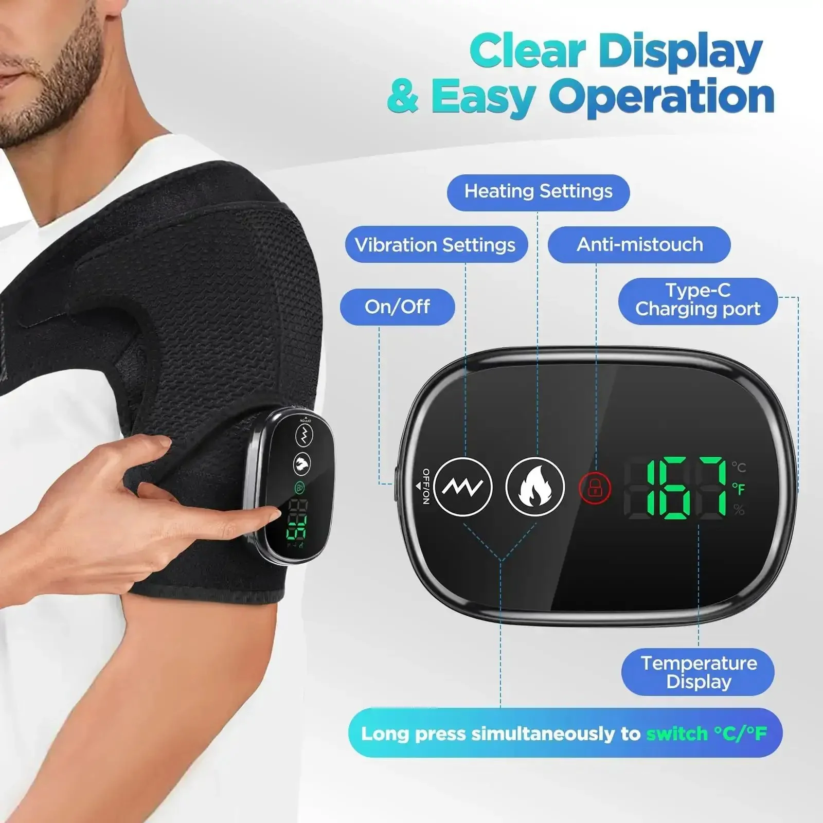 Cordless Shoulder Heating Pad And Massager With Heat And Vibration Portable Shoulder Wrap For Pain Relief Rotator Cuff Support Adjustable Heat Settings And Vibration Modes Black - Image 6