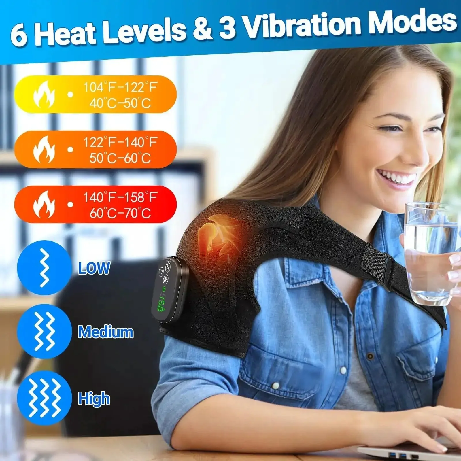 Cordless Shoulder Heating Pad With Massager Portable Upper Back And Shoulder Warmer With 6 Heat Levels 3 Vibration Modes 6 Timers Easy Touch Control And Auto Shutoff Ideal For Muscle Relief At Home Or On The Go - Image 6