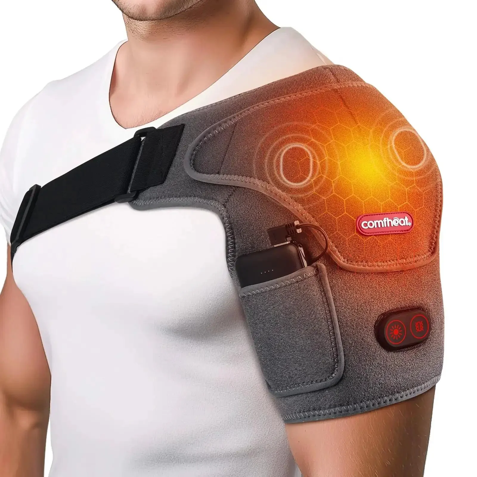 Cordless Shoulder Heating Pad With Vibration Massage, 5000mAh Battery, Portable On The Go Hot Compress For Frozen Shoulder And Rotator Cuff Pain, 3 Heat Levels And 3 Vibration Modes, 1-3 Hour Use For Men And Women