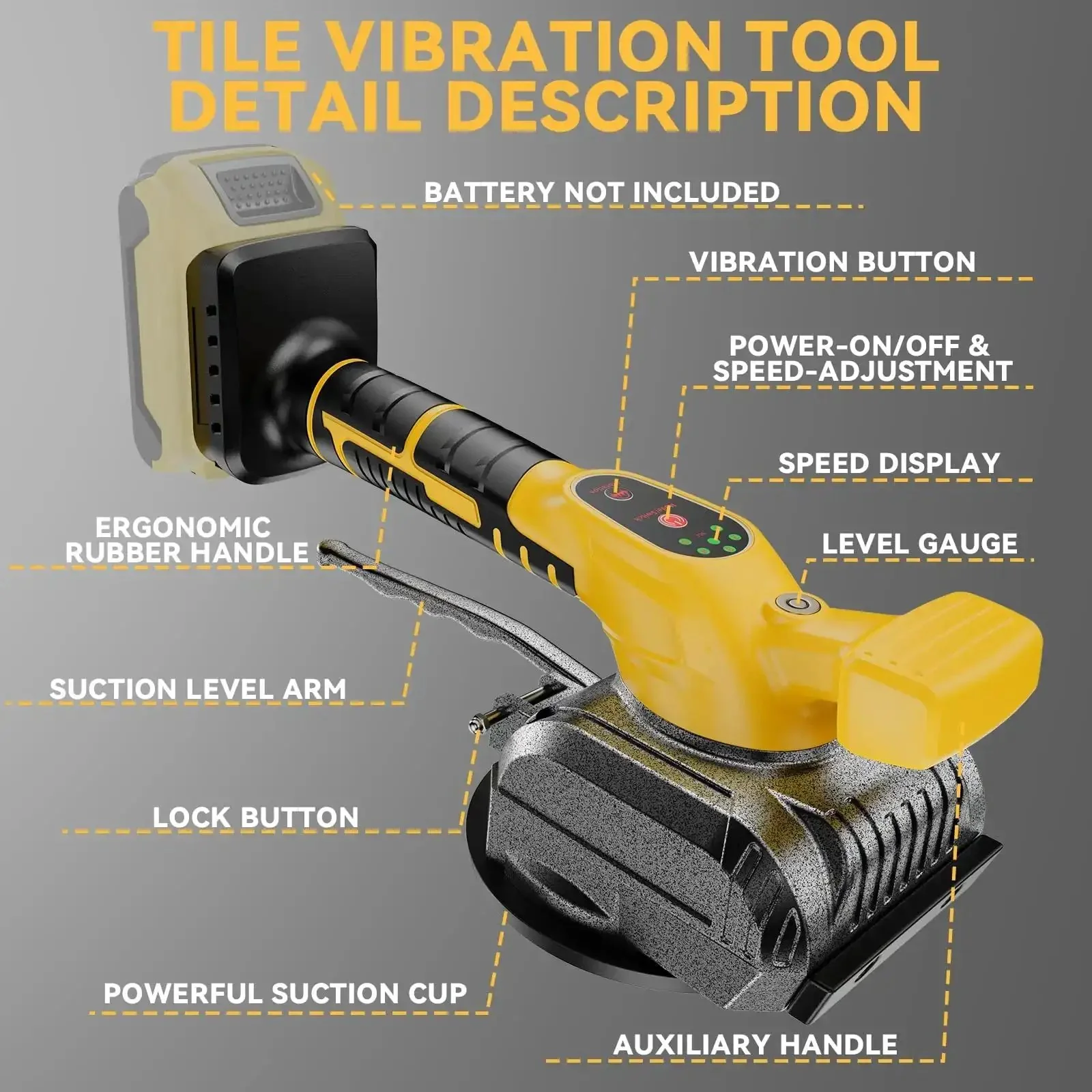 Cordless Tile Vibration Tool With 5 Speed Settings For Leveling Floors And Walls, 20V Battery Compatible, Suction Cup Leveling Machine With Bubble Level Gauge, Lock Design, Tool Only, Battery Not Included - Image 2