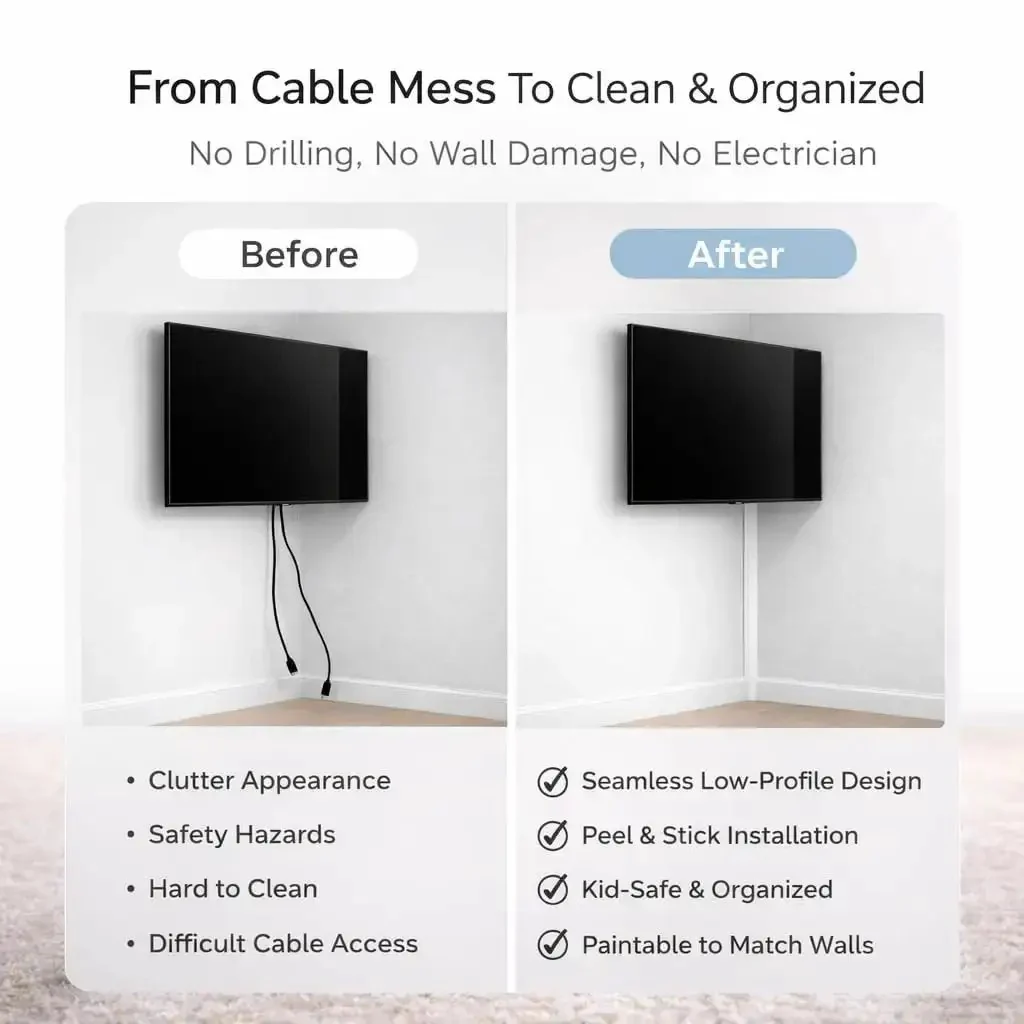 Corner Cable Trunking Raceway 192 Inch Paintable Self Adhesive TV Cable Hider Flexible Concealer For Wall Corners Protects HDMI Power Ethernet And Speaker Wires Behind TVs Desks And Entertainment Centers No Tools Needed - Image 3