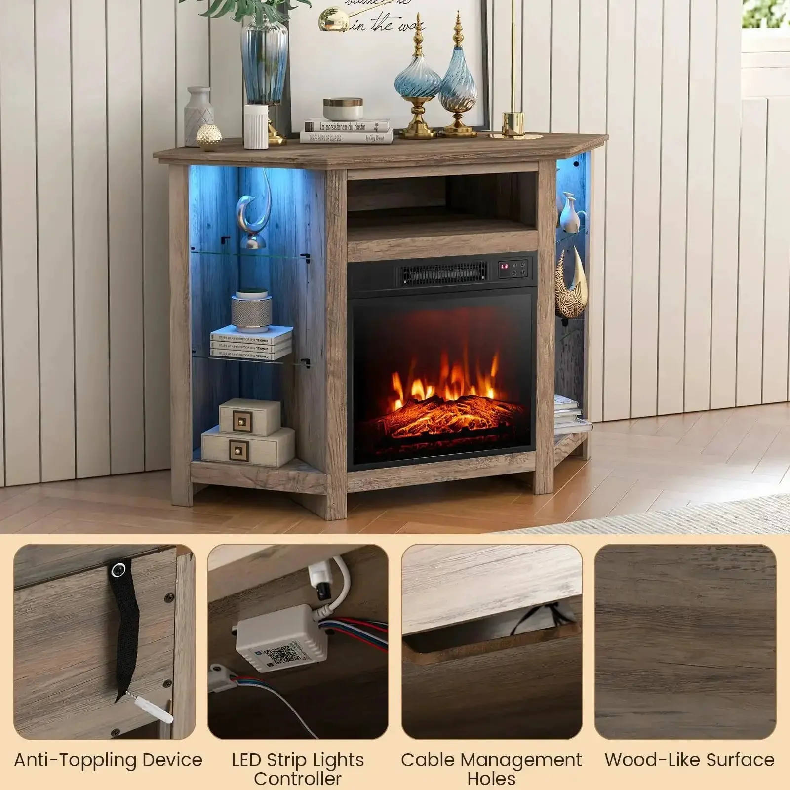 Corner Electric Fireplace TV Stand With Heater And LED Lights, Easy App Control, Adjustable Shelves, Cozy Media Console For 50 Inch Televisions, Gray Finish, Space Saving Entertainment Center - Image 2