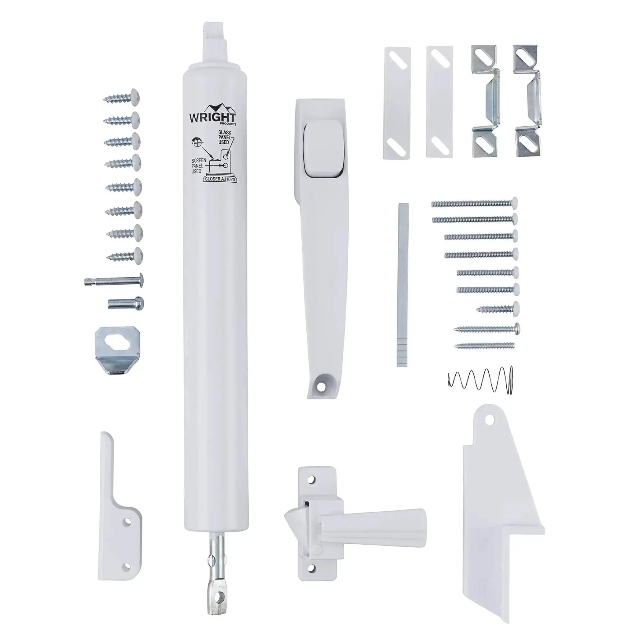 Corrosion Resistant Screen Door Hardware Kit With Pneumatic Closer And Push Button Latch For Out Swinging Doors No Lockout Feature Includes Hold Open Washer And Jamb Bracket White