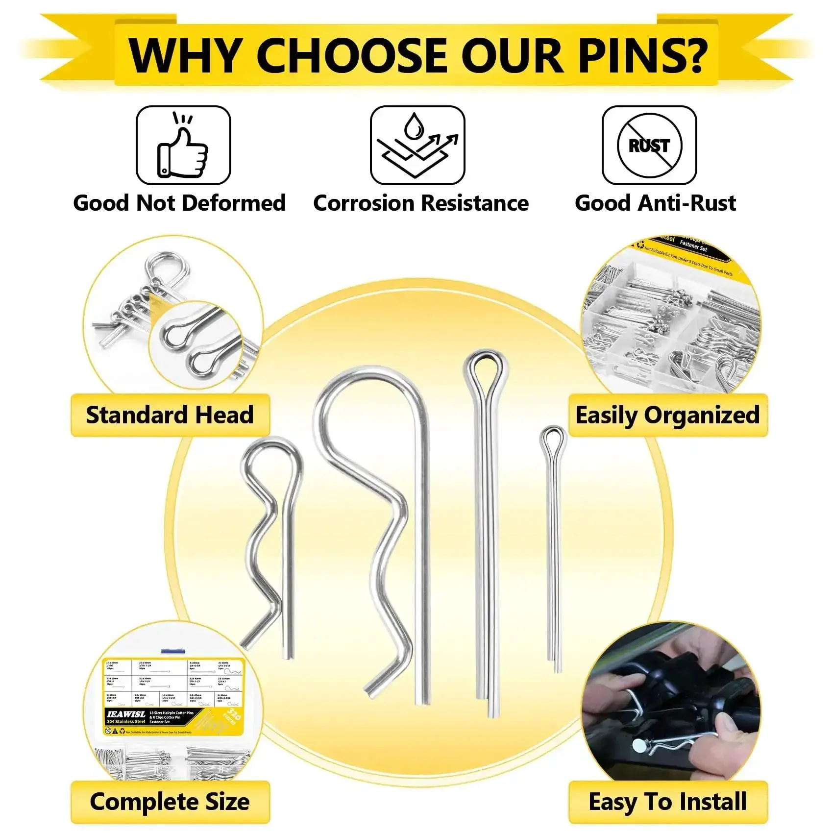 Cotter Pins Kit, 320Pcs Stainless Steel Hairpin Clips And R Clips For Automotive, Axles, Trailer Hitch, Tractors, Rustproof And Corrosion Resistant 304 Stainless Steel Fasteners Set For Easy Repairs - Image 4