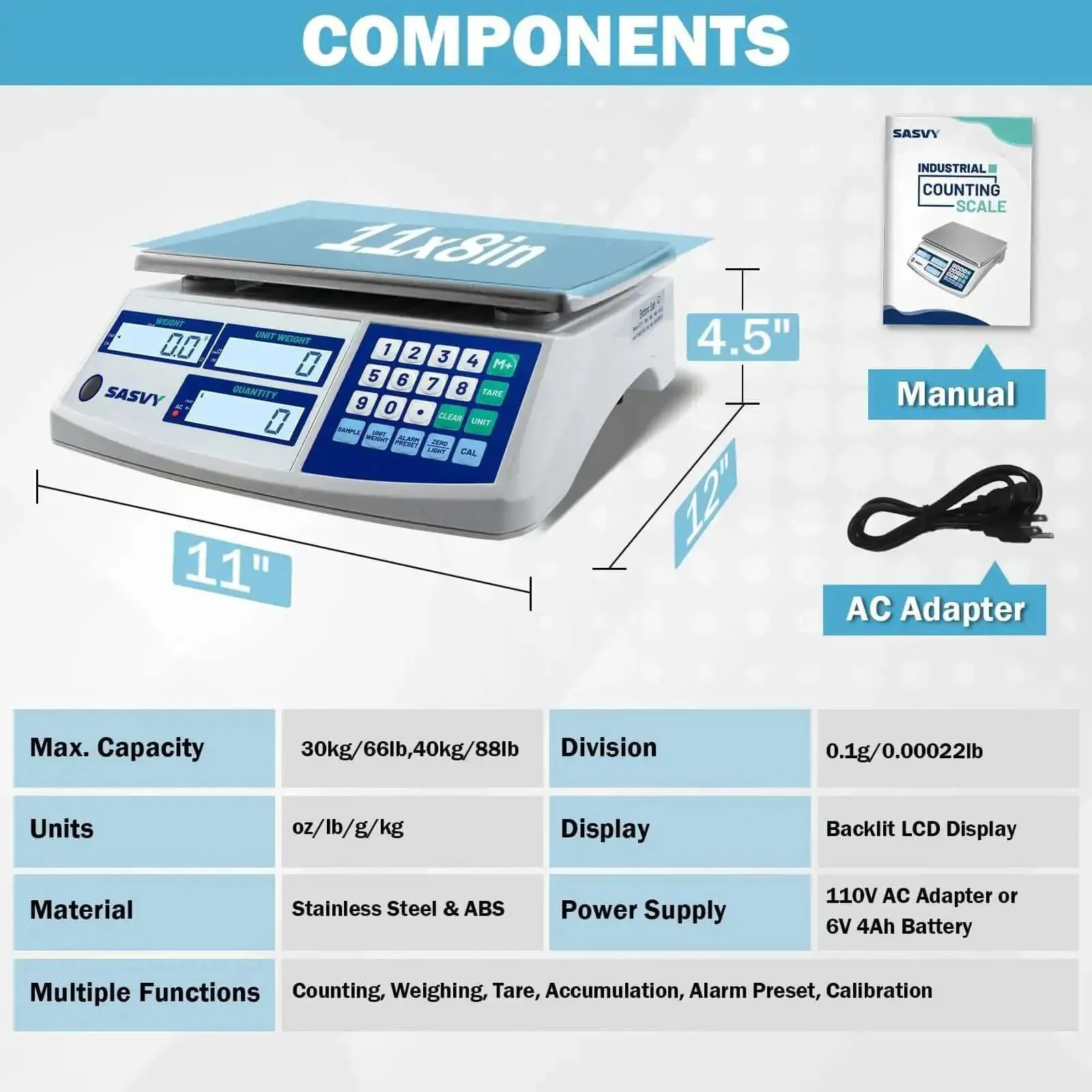 Counting Scale For Inventory And Small Parts With 30kg Capacity And 0.1g Precision, Digital Scale With Battery, Quick Unit Conversions Between G, Kg, Oz, Lb, Triple Display Showing Weight, Unit Weight, And Quantity, Great For Coins, Tickets, Pieces - Image 3