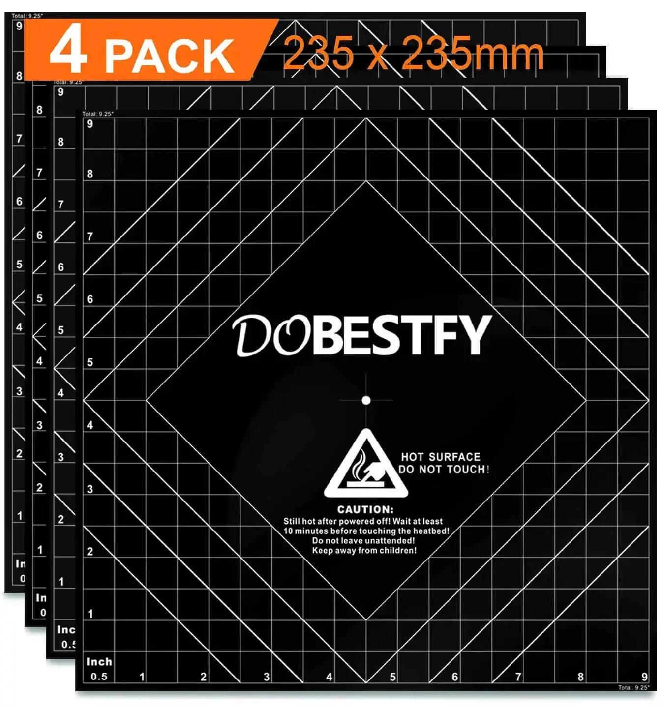 Cuttable 3D Printer Heat Bed Build Surface With Premium Adhesive, 4 Pack, Flexible Build Sheet For FDM Printers In 12x12, 8x8, 16x16, 20x20 Inches And 235x235mm, 220x220mm, 9.25x9.25 Inches, DIY Friendly No Fuss