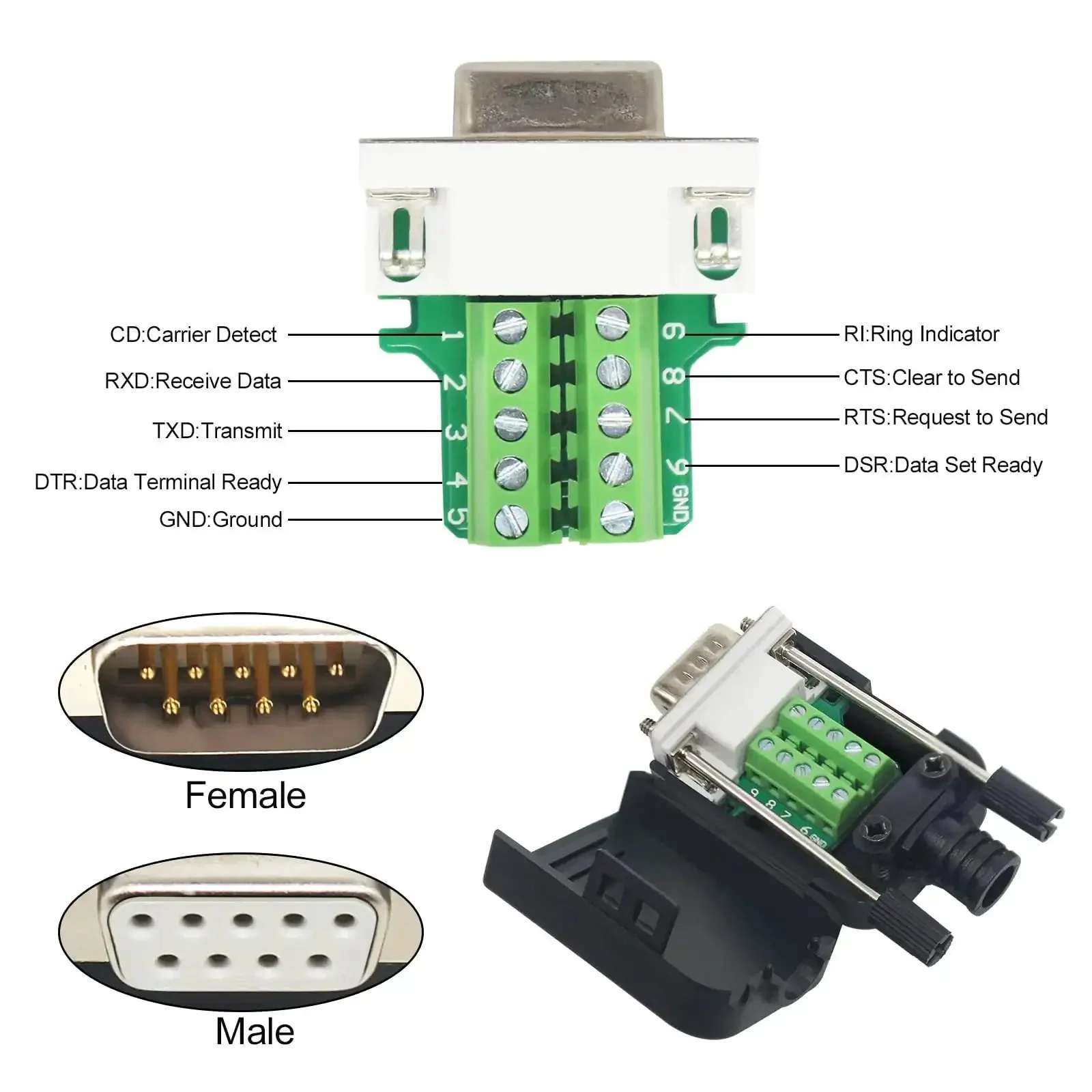 DB9 Solderless Breakout Connector Set - RS232 D-Sub 9-Pin Male and Female Adapters, White Terminal Signal Modules With Case, Quick Wire, No Solder Needed, Pack of 10 - Image 4