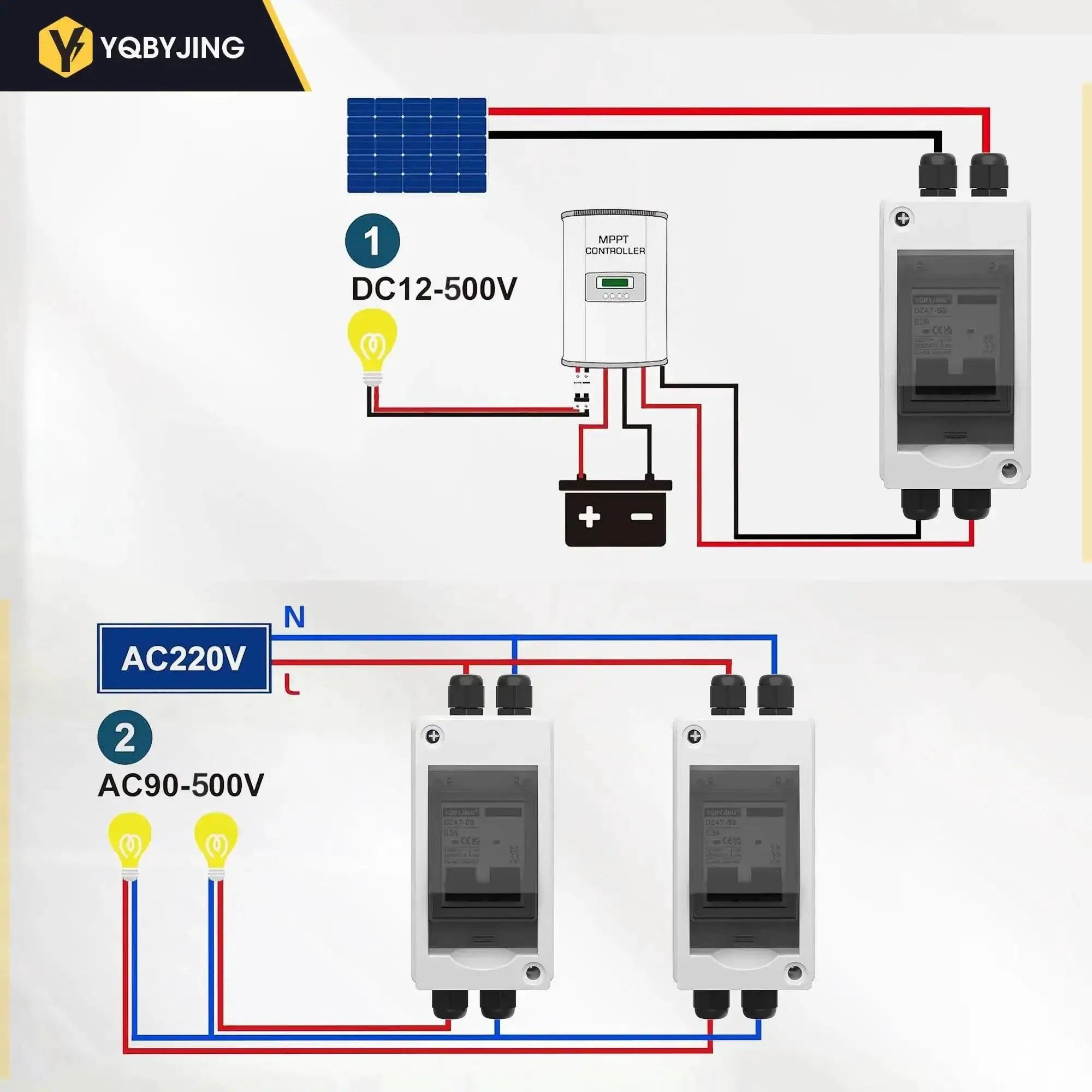 DC 63 Amp Solar Panel Disconnect Switch Heavy Duty Two Pole Miniature Circuit Breaker Box 1000V Outdoor IP65 Weatherproof UV Resistant for Solar PV Systems, Home Battery and Outdoor Installations - Image 3