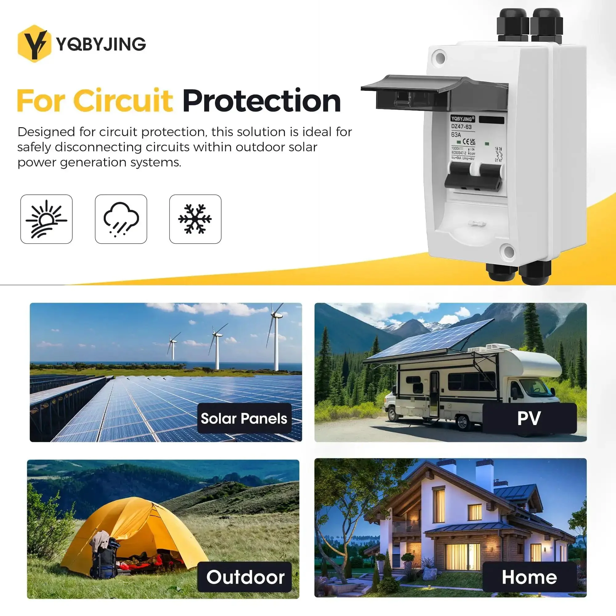 DC 63 Amp Solar Panel Disconnect Switch Heavy Duty Two Pole Miniature Circuit Breaker Box 1000V Outdoor IP65 Weatherproof UV Resistant for Solar PV Systems, Home Battery and Outdoor Installations - Image 7