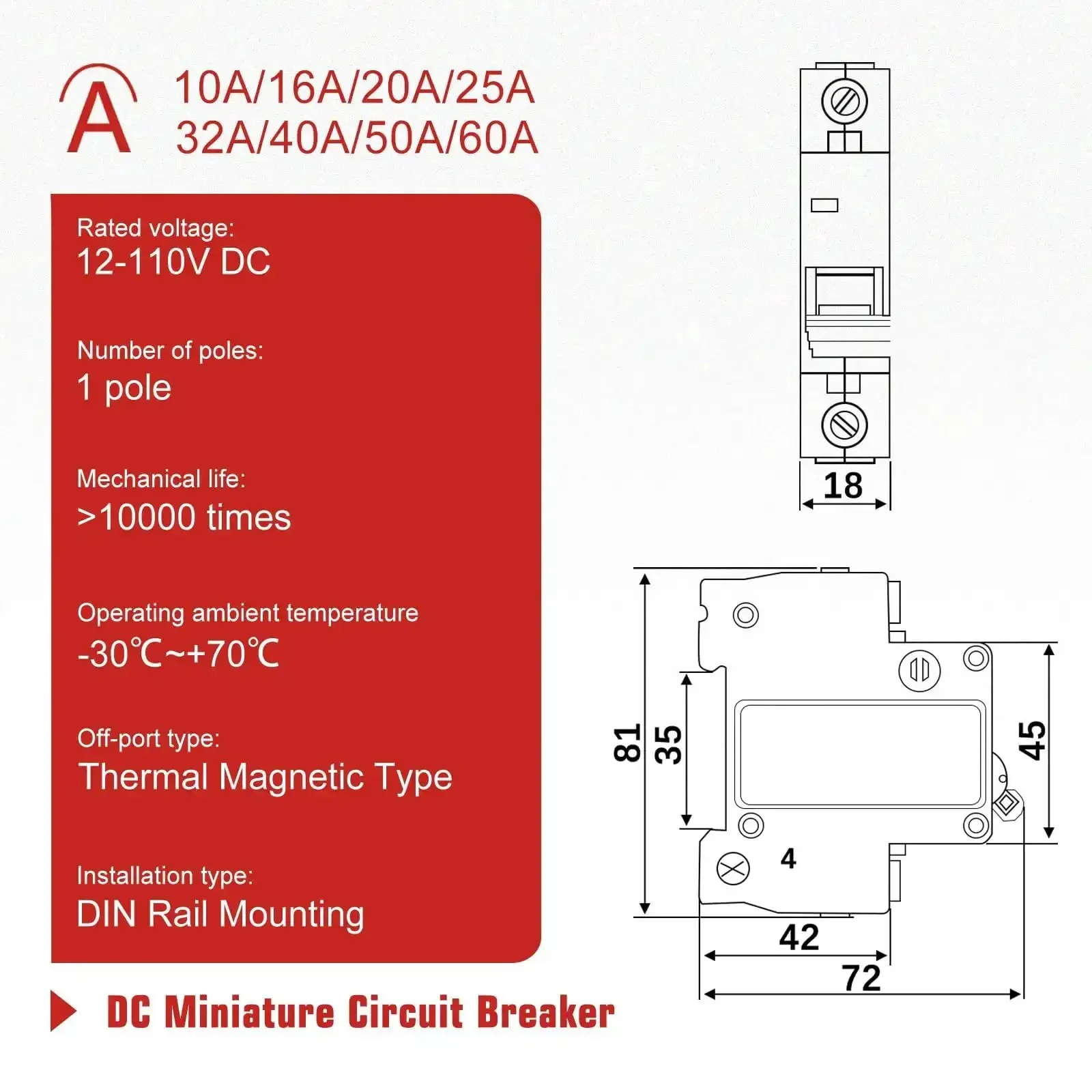 DC Circuit Breaker 12 To 110V DC 16A 1 Pole For Solar PV And Battery Power Systems DIN Rail Mount Disconnect Switch With Overload And Short Circuit Protection - Image 7