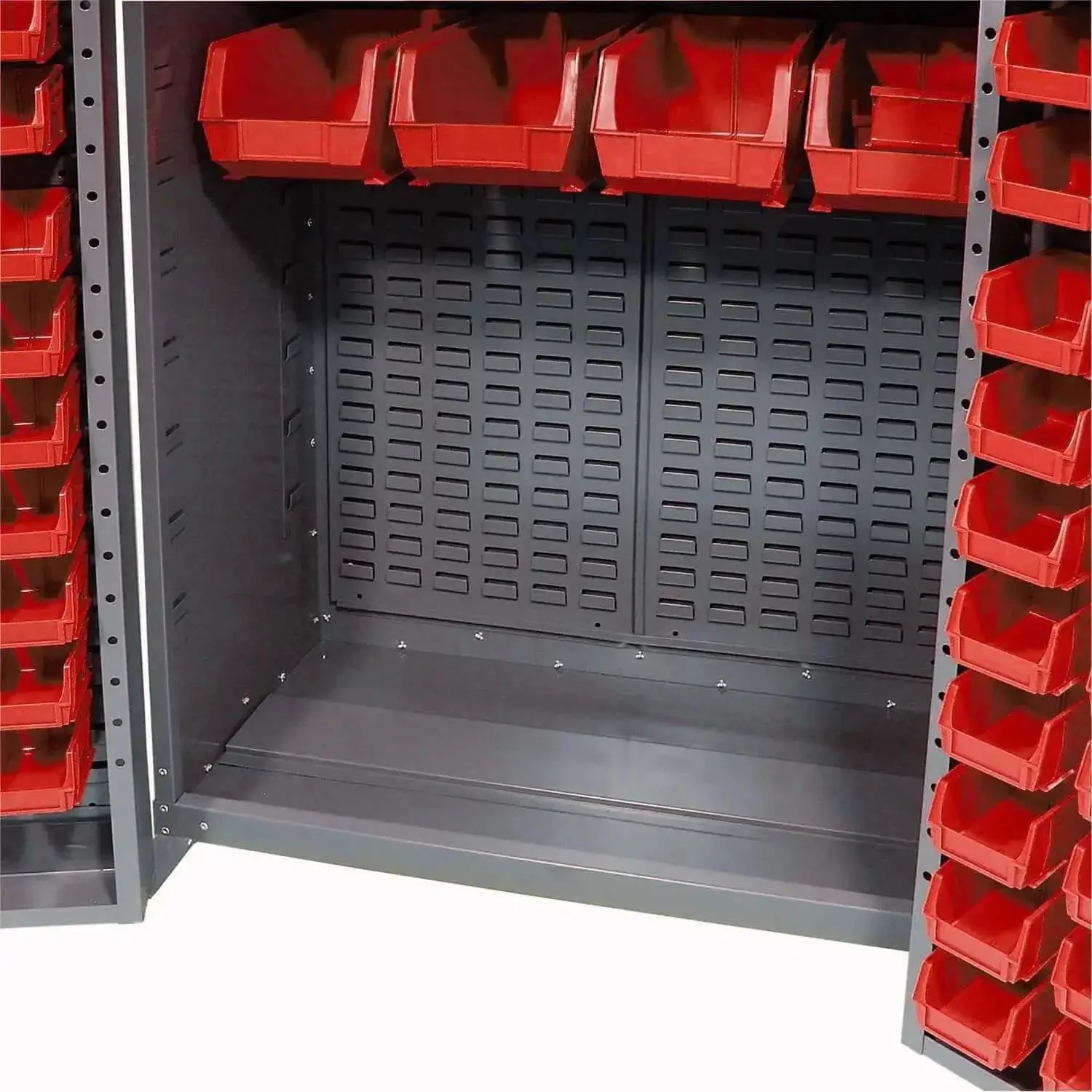 Deep Door Bin Cabinet With 68 Red Plastic Bins Padlockable Steel Cabinet For Tool And Parts Storage Large 38 Inch Wide By 24 Inch Deep By 72 Inch High Assembly Required - Image 3