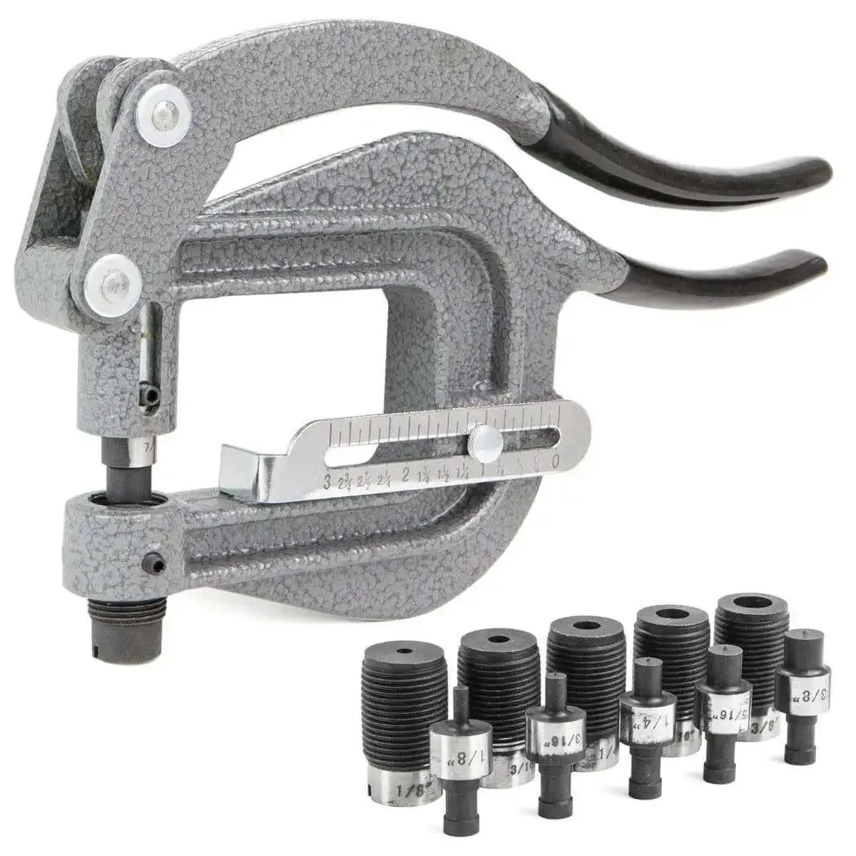 Deep Throat Sheet Metal Rivet Hole Punch Kit With Handy Portable Hand Tool And Six Die Sizes 1/8 In, 3/16 In, 1/4 In, 5/16 In, 3/8 In, 7/16 In For Quick, Durable Sheet Metal Projects