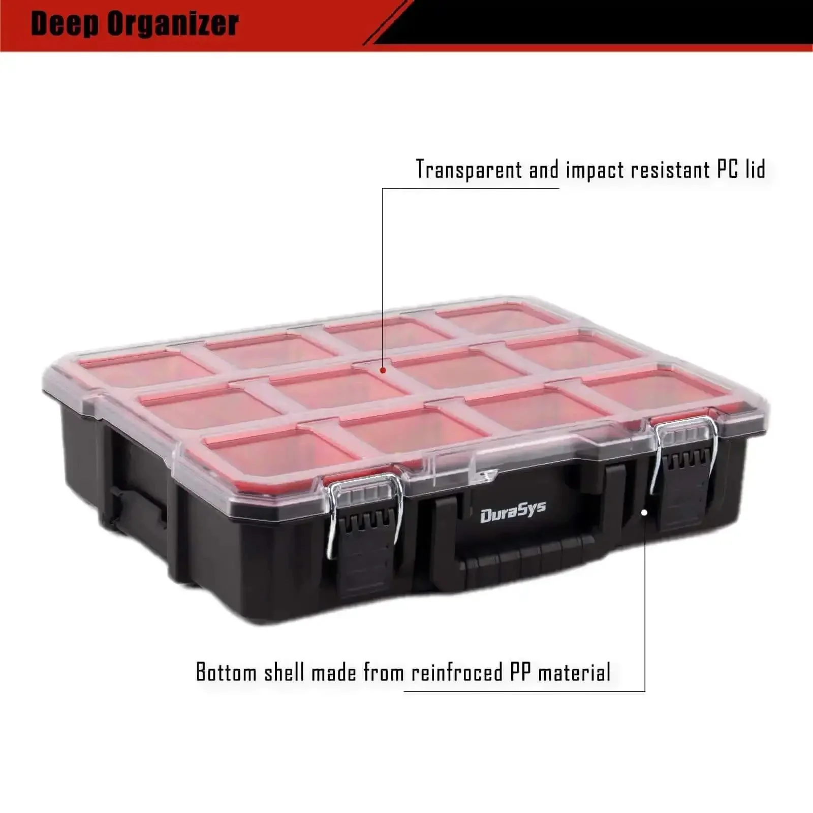 Deep Tool Box Organizer For Small Parts, Heavy Duty Storage Chest With Removable Inner Cups, 17.3 By 14 By 4.2 Inches, Interlocking Sides, Metal Buckles, Rotating Handle, Dustproof And Waterproof Lid - Image 2