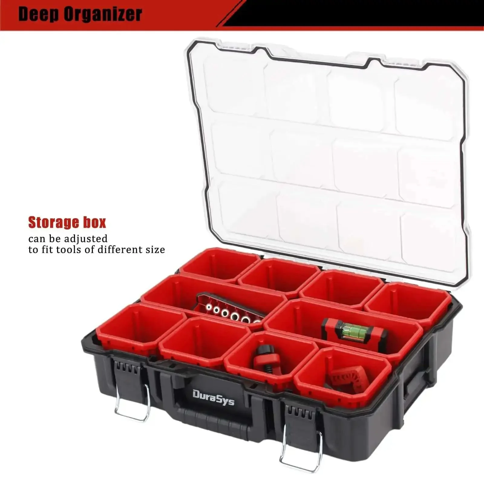 Deep Tool Box Organizer For Small Parts, Heavy Duty Storage Chest With Removable Inner Cups, 17.3 By 14 By 4.2 Inches, Interlocking Sides, Metal Buckles, Rotating Handle, Dustproof And Waterproof Lid - Image 4
