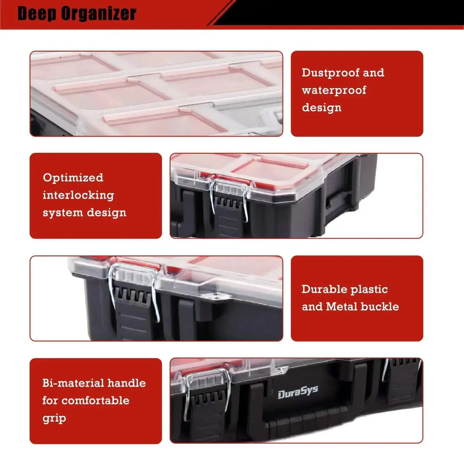 Deep Tool Box Organizer For Small Parts, Heavy Duty Storage Chest With Removable Inner Cups, 17.3 By 14 By 4.2 Inches, Interlocking Sides, Metal Buckles, Rotating Handle, Dustproof And Waterproof Lid - Image 5