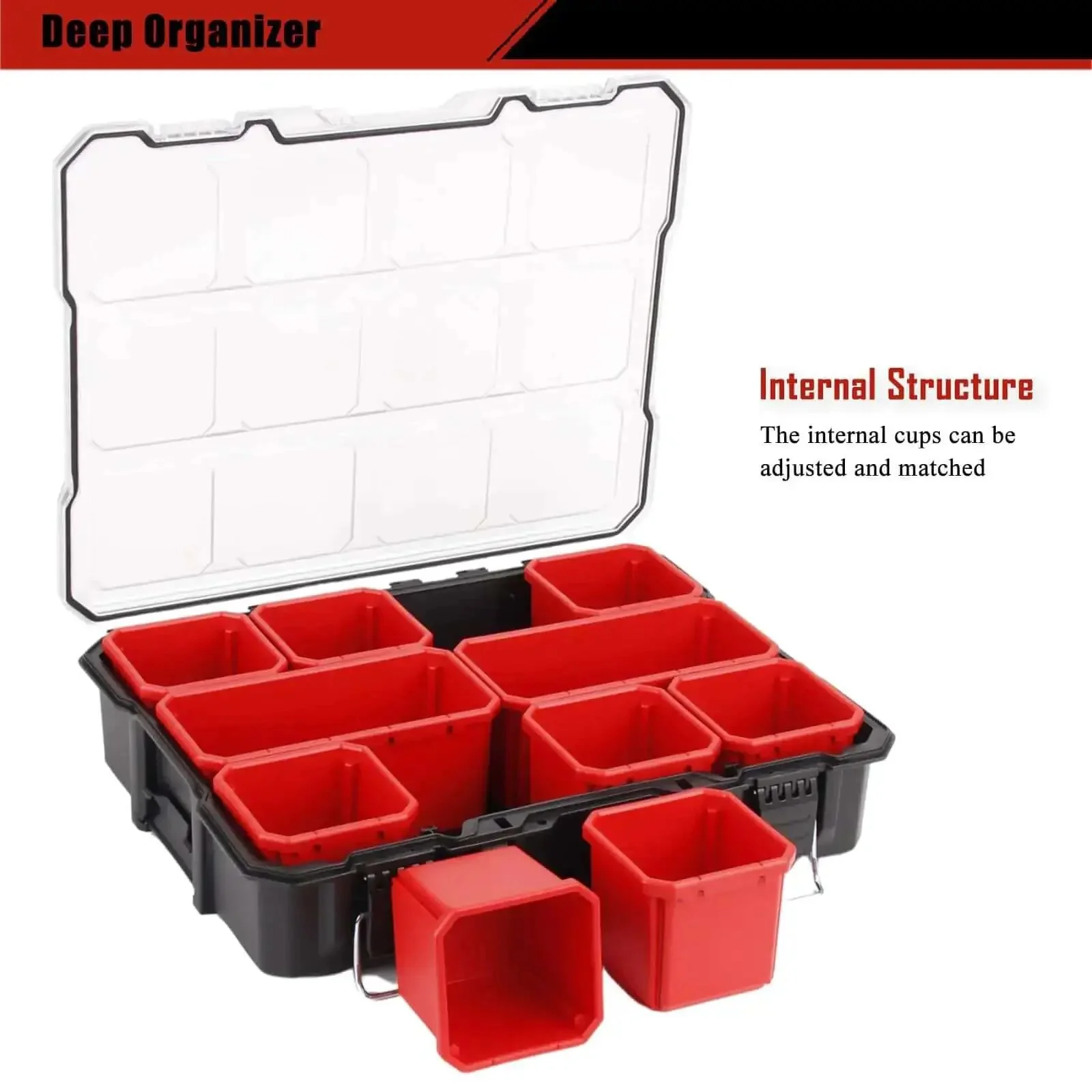 Deep Tool Box Organizer For Small Parts, Heavy Duty Storage Chest With Removable Inner Cups, 17.3 By 14 By 4.2 Inches, Interlocking Sides, Metal Buckles, Rotating Handle, Dustproof And Waterproof Lid - Image 7