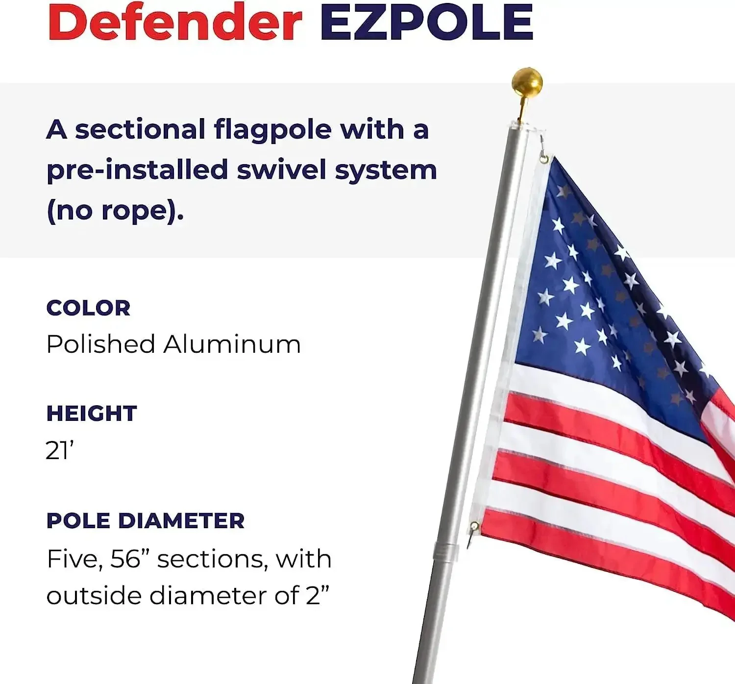 Defender Inground Flag Pole Kit Built Tough For Outdoors With Winds Up To 130 MPH Dual Flag Pole Holder Ground Sleeve And Hardware 21 Feet Made In USA Perfect For Home Camper Or Beach Setup - Image 6