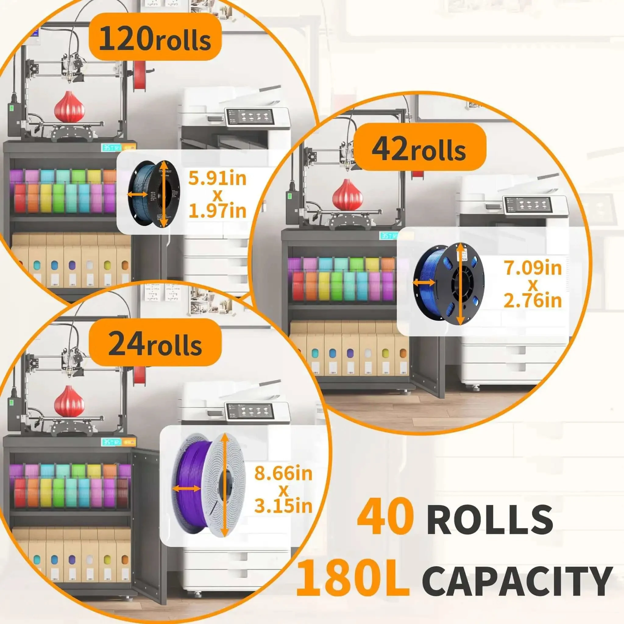 Dehumidifying 3D Printer Cabinet With 180L Storage For Up To 40 Filament Rolls Space Saving Stand With Printer Top Sealing And Protection For PLA ABS TPU Nylon Filaments - Image 3