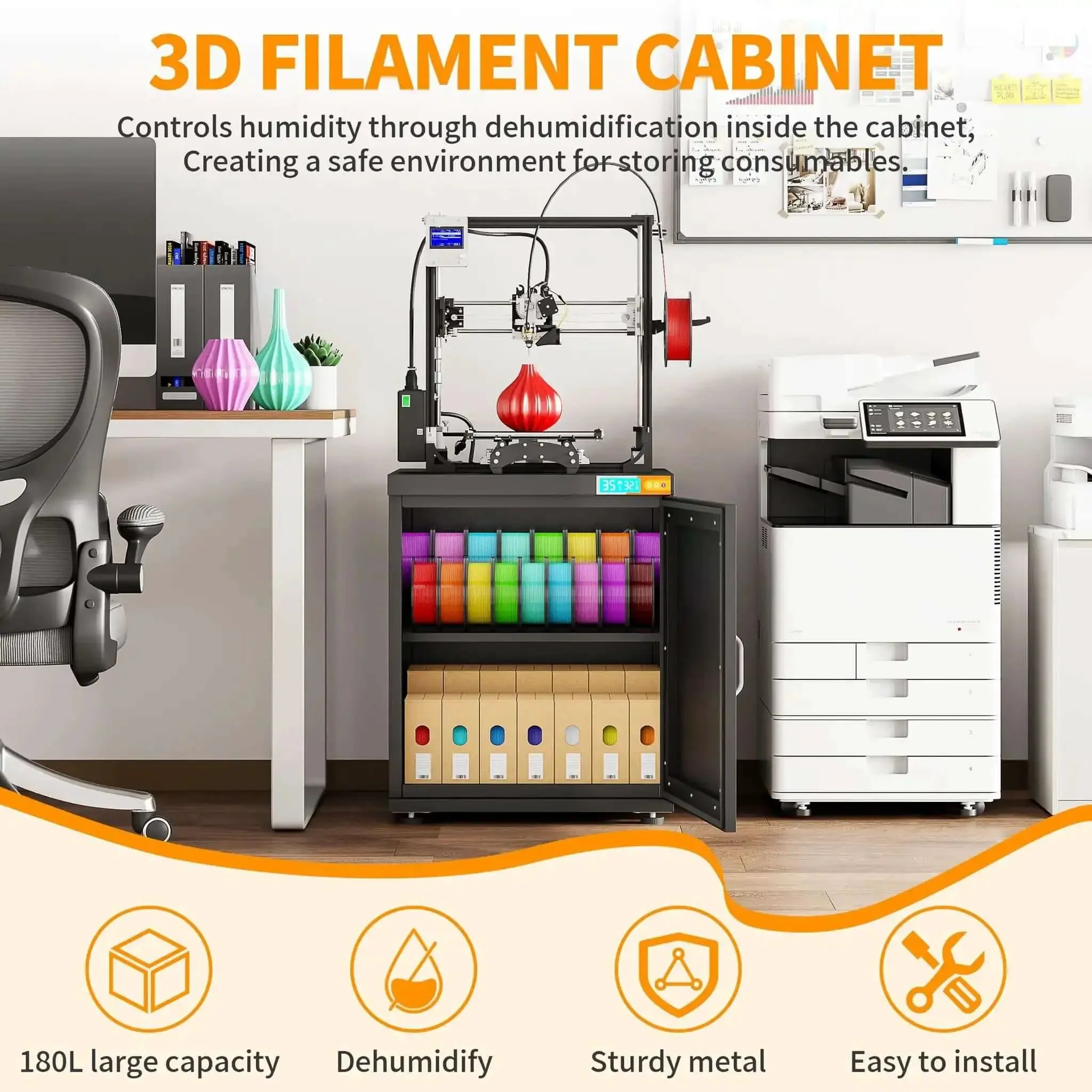 Dehumidifying 3D Printer Cabinet With 180L Storage For Up To 40 Filament Rolls Space Saving Stand With Printer Top Sealing And Protection For PLA ABS TPU Nylon Filaments - Image 5