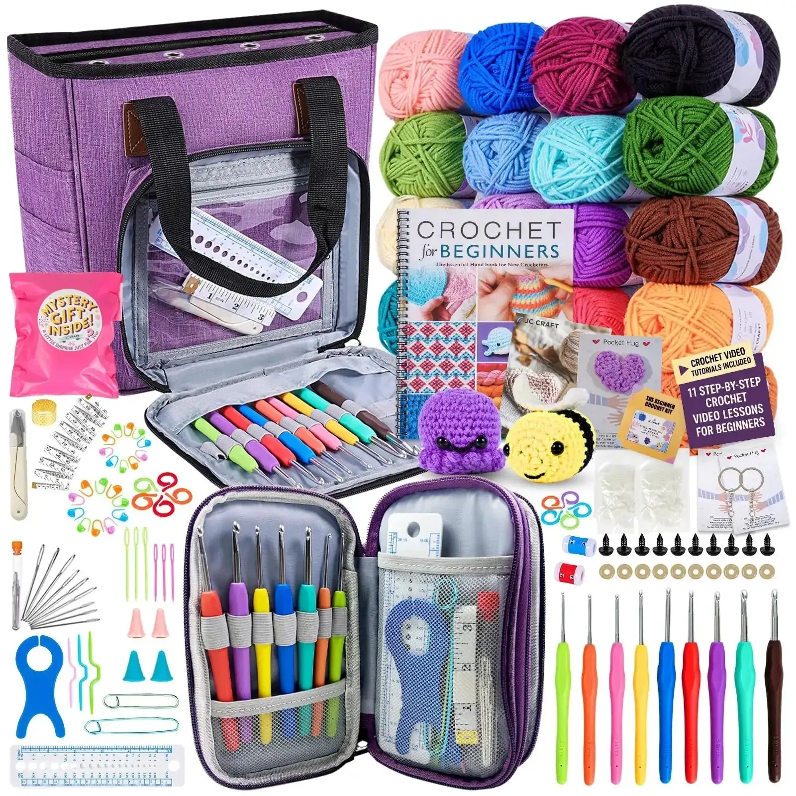 Deluxe Beginner Crochet Kit Bundle With 116 Piece Set Of 20 Colorful Yarns Ergonomic Hooks Purple Carry Bag And Accessory Case Plus Online Tutorial For Adults And Teens A Must Have DIY Starter For Cozy Projects