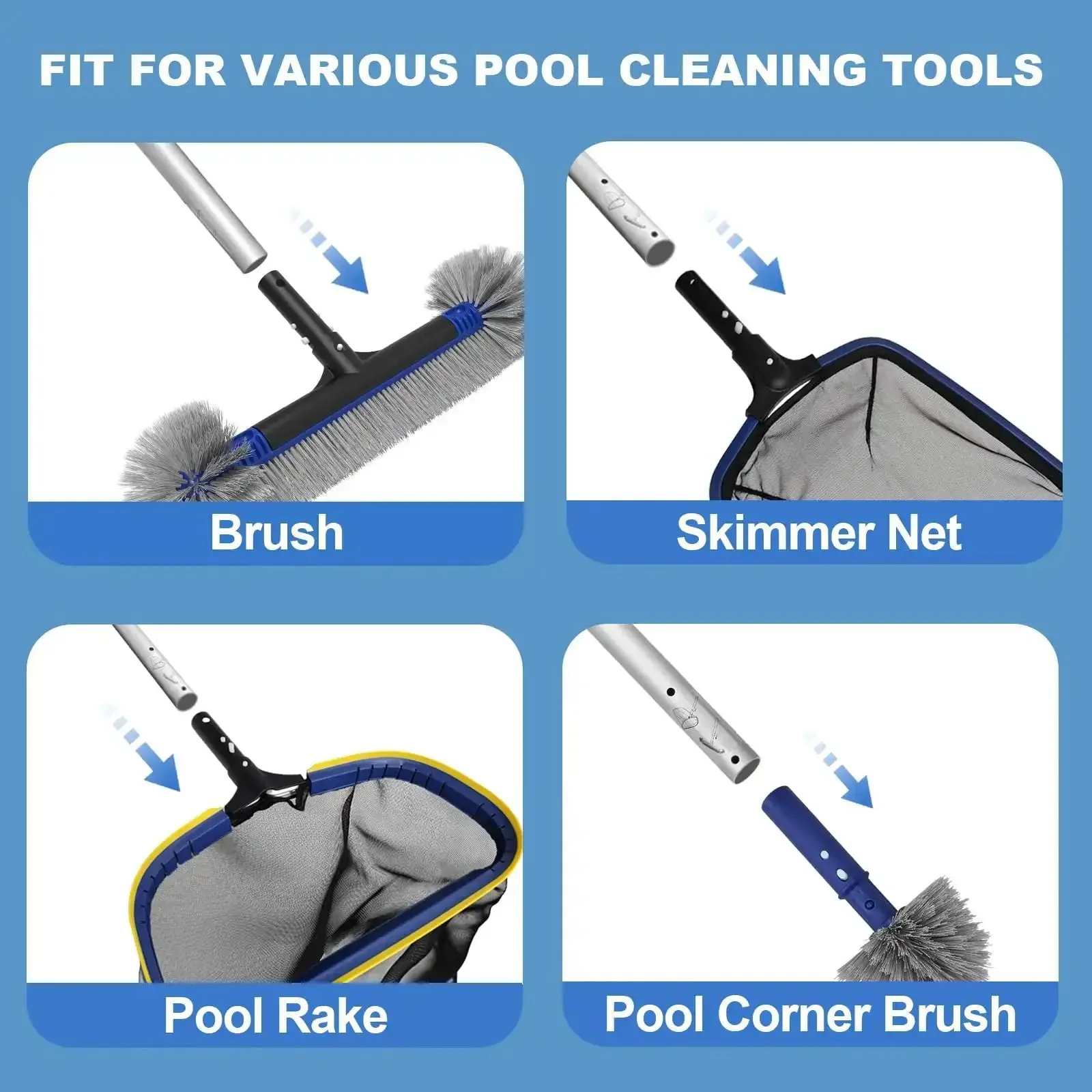 Deluxe Five-In-One Pool Cleaning Kit With Detachable 20-Inch Brush Head, Semi-Deep Skimmer Net, Ultra-Fine Mesh Leaf Rake, And 13-Foot Aluminum Pole For Quick, Easy Debris Cleanup - Image 2