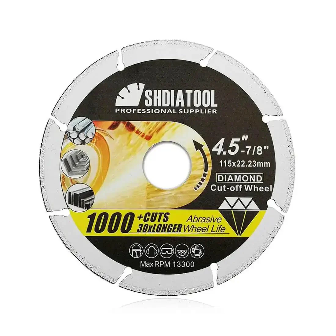 Diamond Cut Off Wheel For Metal Cutting Four And One Half Inch With Seven Eighths Inch Arbor One Point Four Millimeter Kerf Fits Most Angle Grinders Rips Through Steel Tubes Iron Rebar Aluminum And Metal Profiles