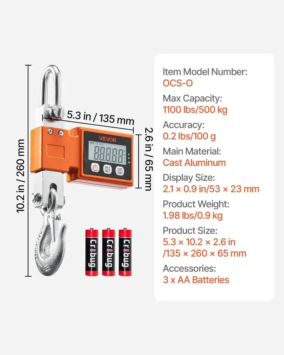 Digital Crane Scale 1100 Lbs 500 Kg Capacity With Cast Aluminum Case LCD Display Two Tenths Pound Resolution Three Unit Switch Auto Off For Garage Heavy Duty Industrial Hanging Scale Built Like A Beast - Image 4