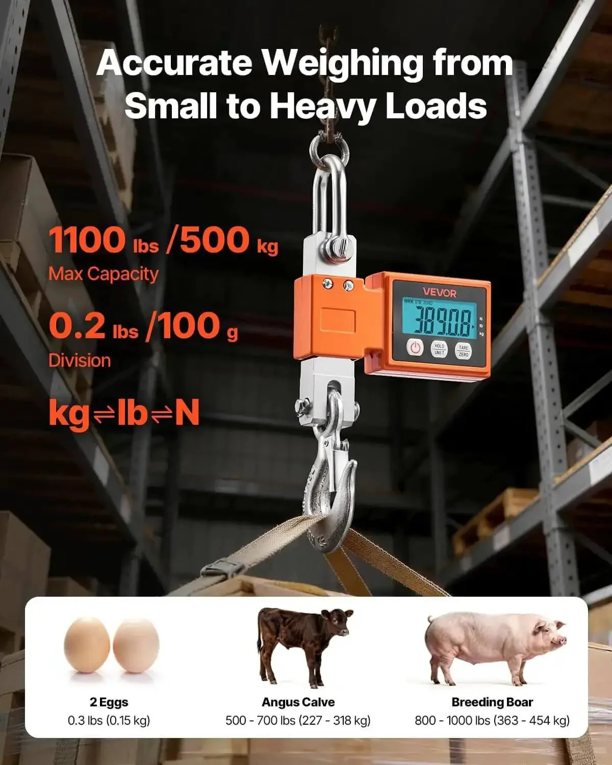 Digital Crane Scale 1100 Lbs 500 Kg Capacity With Cast Aluminum Case LCD Display Two Tenths Pound Resolution Three Unit Switch Auto Off For Garage Heavy Duty Industrial Hanging Scale Built Like A Beast - Image 9