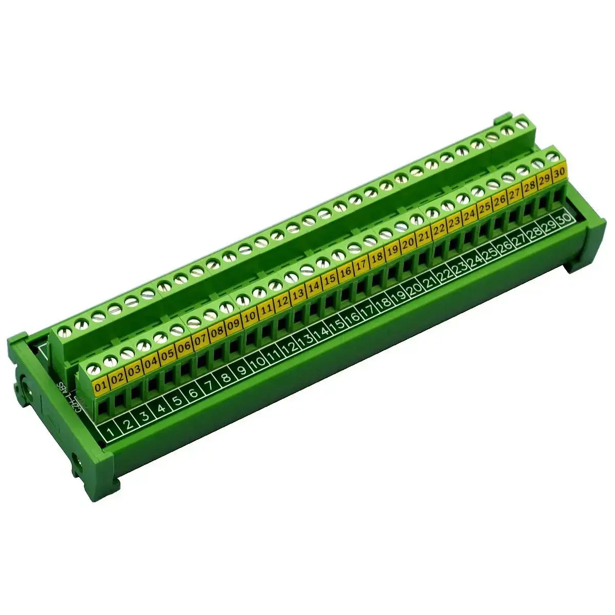DIN Rail Mount 30-Position Screw Terminal Block Distribution Module With 24A Per Position, 400V Rating, 5.0mm Pitch, 7mm Strip Length, 26AWG To 12AWG Wire Range, Heavy Duty Industrial Terminal Block