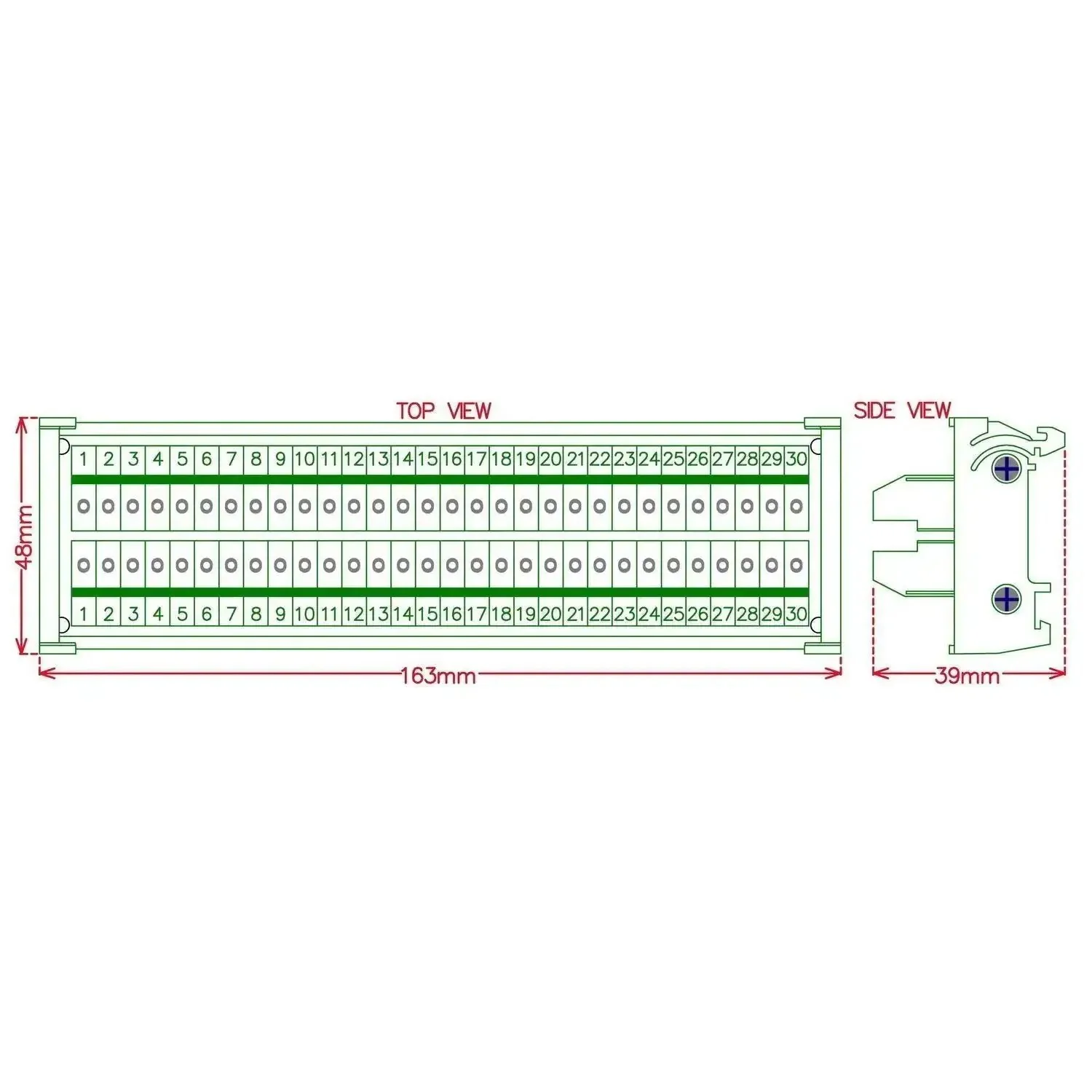 DIN Rail Mount 30-Position Screw Terminal Block Distribution Module With 24A Per Position, 400V Rating, 5.0mm Pitch, 7mm Strip Length, 26AWG To 12AWG Wire Range, Heavy Duty Industrial Terminal Block - Image 3