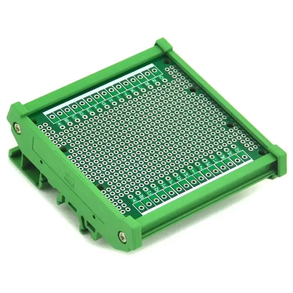 DIN Rail Mounting Carrier Housing With Prototype Board For DIY Prototyping Fits 35mm 32mm Or 15mm Rails External Dimensions 80 mm By 87 mm By 30 mm PCB Size 77.4 mm By 72 mm 1.6 mm FR 4 Material