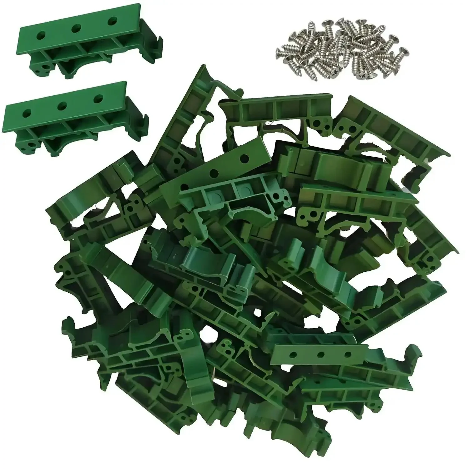 DIN Rail Mounting Kit For PCBs 35mm Snap On Adapters Clips With Screws PA66 Nylon Green Panel Brackets Fits Boards Up To 100mm Industrial Control Cabinets IoT Gateways Solar Charge Controllers 40 Clips 80 Screws