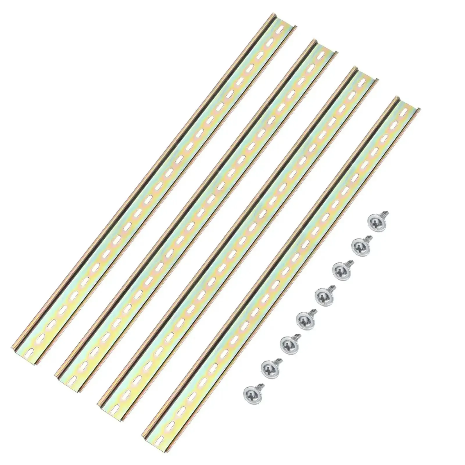 DIN Rail Slotted Iron Mounting Guide For Electrical Equipment 20 Inch By 1.4 Inch By 0.28 Inch Iridescent Finish 4 Pack Heavy Duty Install For Circuit Breakers Relays Terminal Blocks And Power Supplies