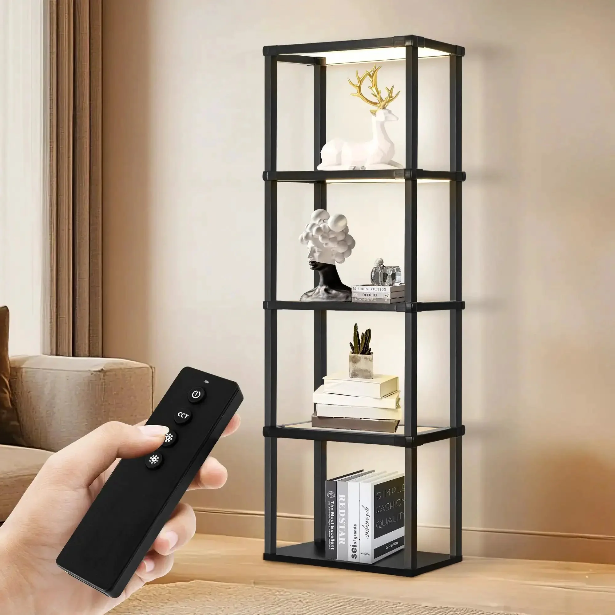 Display Shelf Floor Lamp With Dimmable LED Three Color Temperatures Glass Curio Cabinet Shelves Remote Control Sturdy Design For Collectibles And Books Lit Showpiece For Your Living Room Black Finish