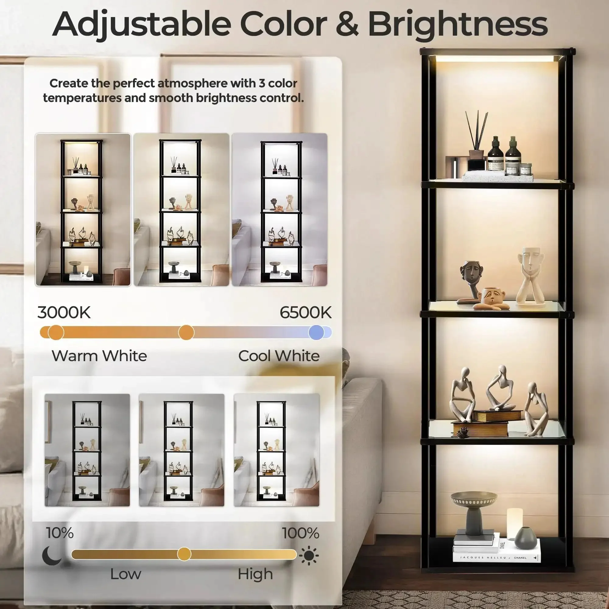 Display Shelf Floor Lamp With Dimmable LED Three Color Temperatures Glass Curio Cabinet Shelves Remote Control Sturdy Design For Collectibles And Books Lit Showpiece For Your Living Room Black Finish - Image 6