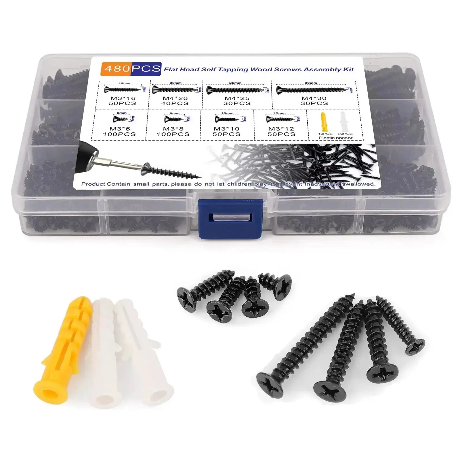 DIY Wood Screws Assortment Kit With 480 Pieces M3 And M4 Black Self Tapping Fasteners For Cabinet Hinges And Micro Woodworking Includes 30 Pieces M6 Anchors Rust Resistant Carbon Steel - Image 2
