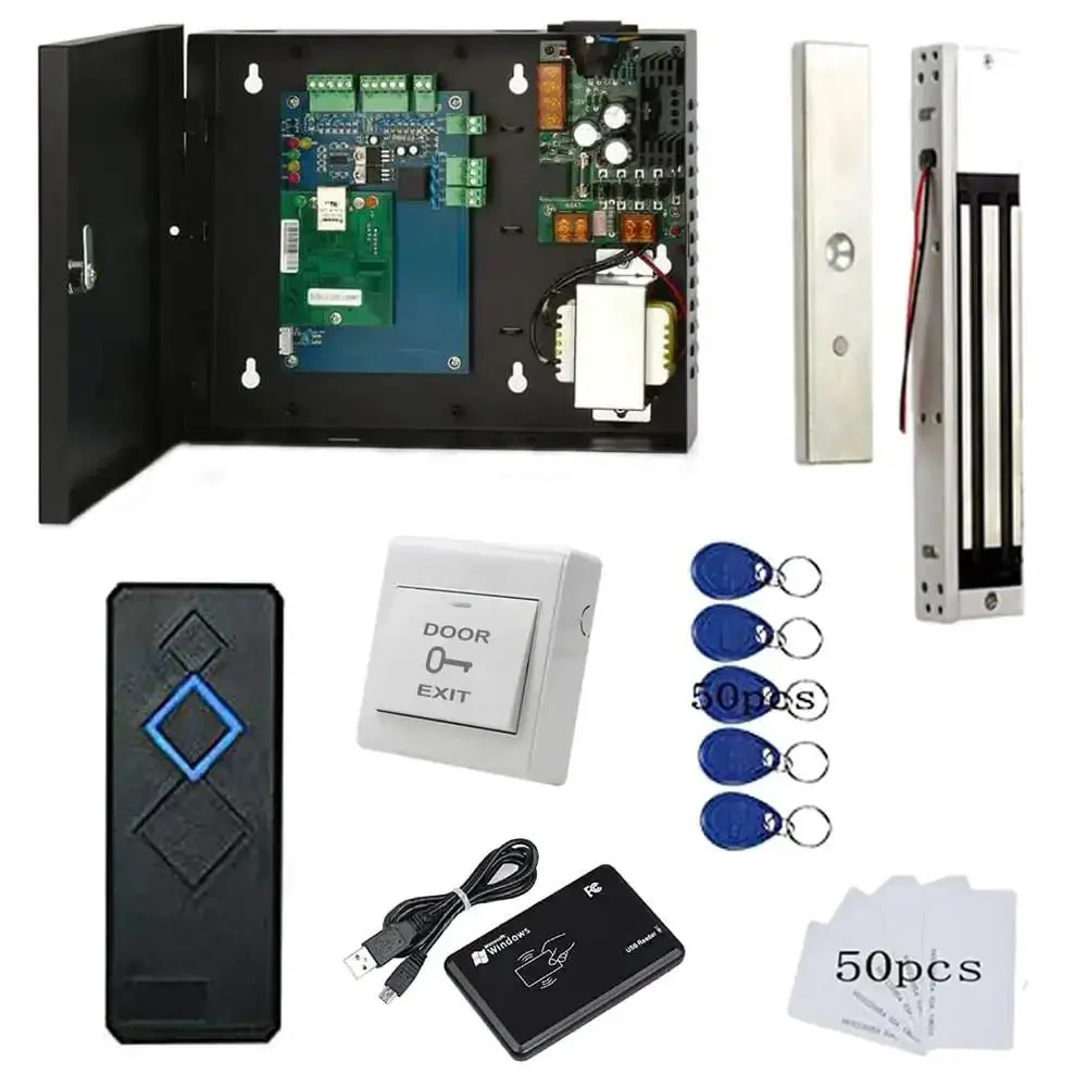 Door Access System With 600Lb Mag Lock Entry Control Panel 110V Power Supply RFID Reader Exit Button Enroll RFID USB Reader Card And Key Fob Phone App For Remotely Open Lock No Fuss Setup Up To 20000 Users And 100000 Logs Auto Open And Close