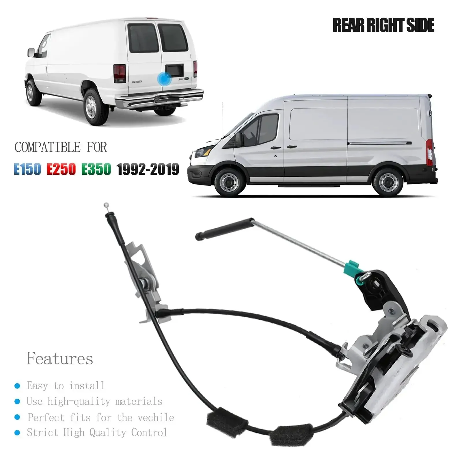 Door Latch Assembly With Cable And Rod For Ford Econoline E150 E250 E350 Vans 1992 2019 Rear Right Side Replacement Lock Latch Actuator AC2Z15431A02A 6C2Z-15431A02-AA No Fuss Easy Install Durable - Image 6