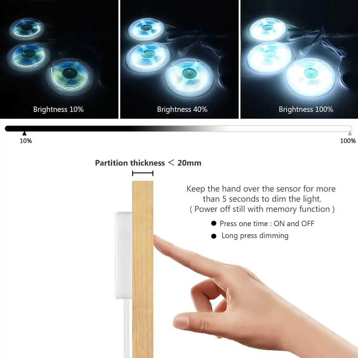 Dope 12V COB LED Strip Lights Kit With Six In One Self Adhesive Under Cabinet Lighting, 19.8 Feet Total From Six 3.3 Foot Strips, 36W Power Adapter, Dimmable Touch Switch, DIY Friendly For Cabinets, Display Cases, Wardrobes And Acoustic Panels - Image 8