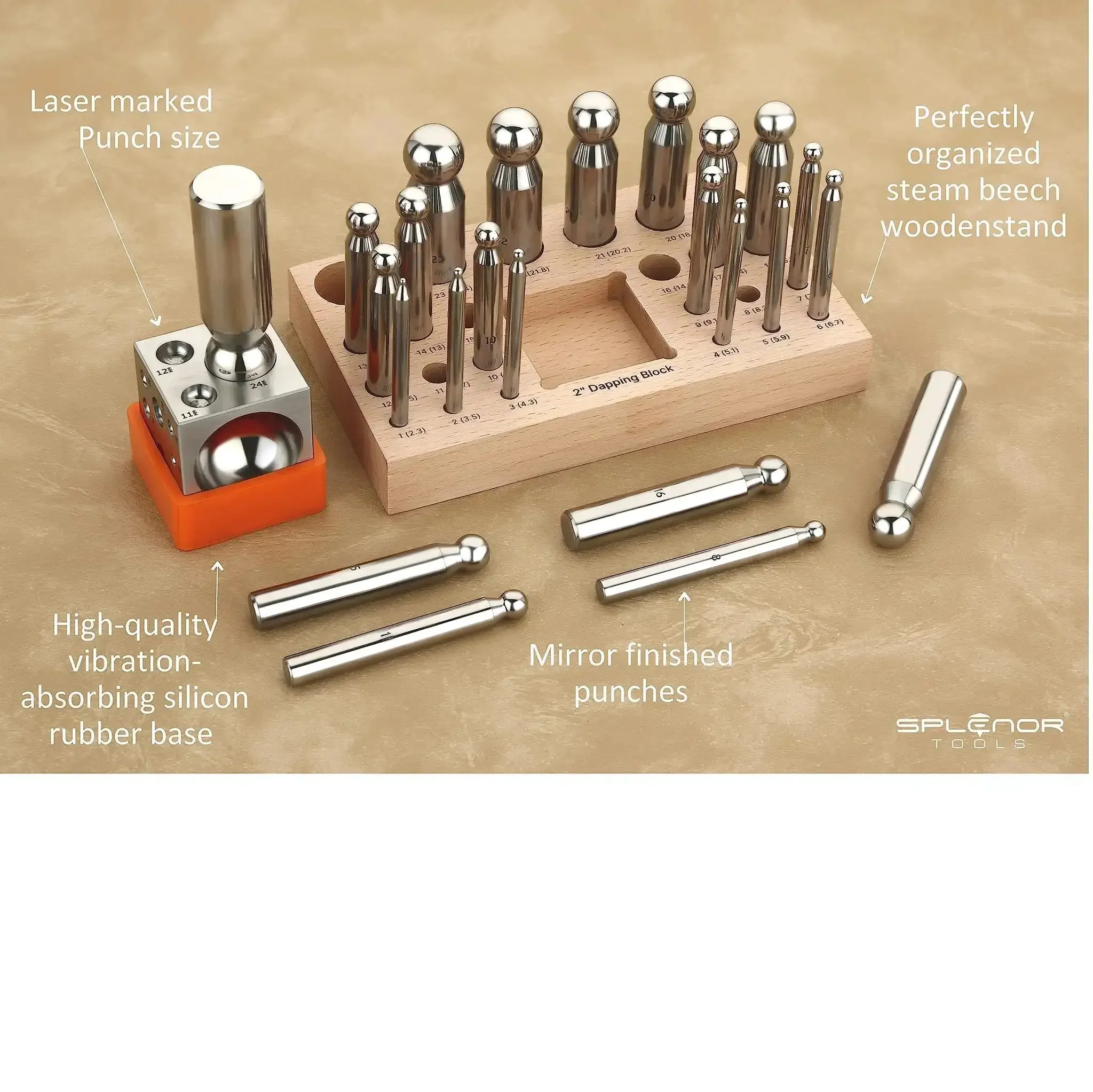 Dope 2 Inch Square Dapping Block With 24 Punch Set For Jewelry Making And Metal Forming A Pro Grade Shaping Die Kit With Rubber Base And Wooden Stand For DIY Jewelry Projects - Image 4