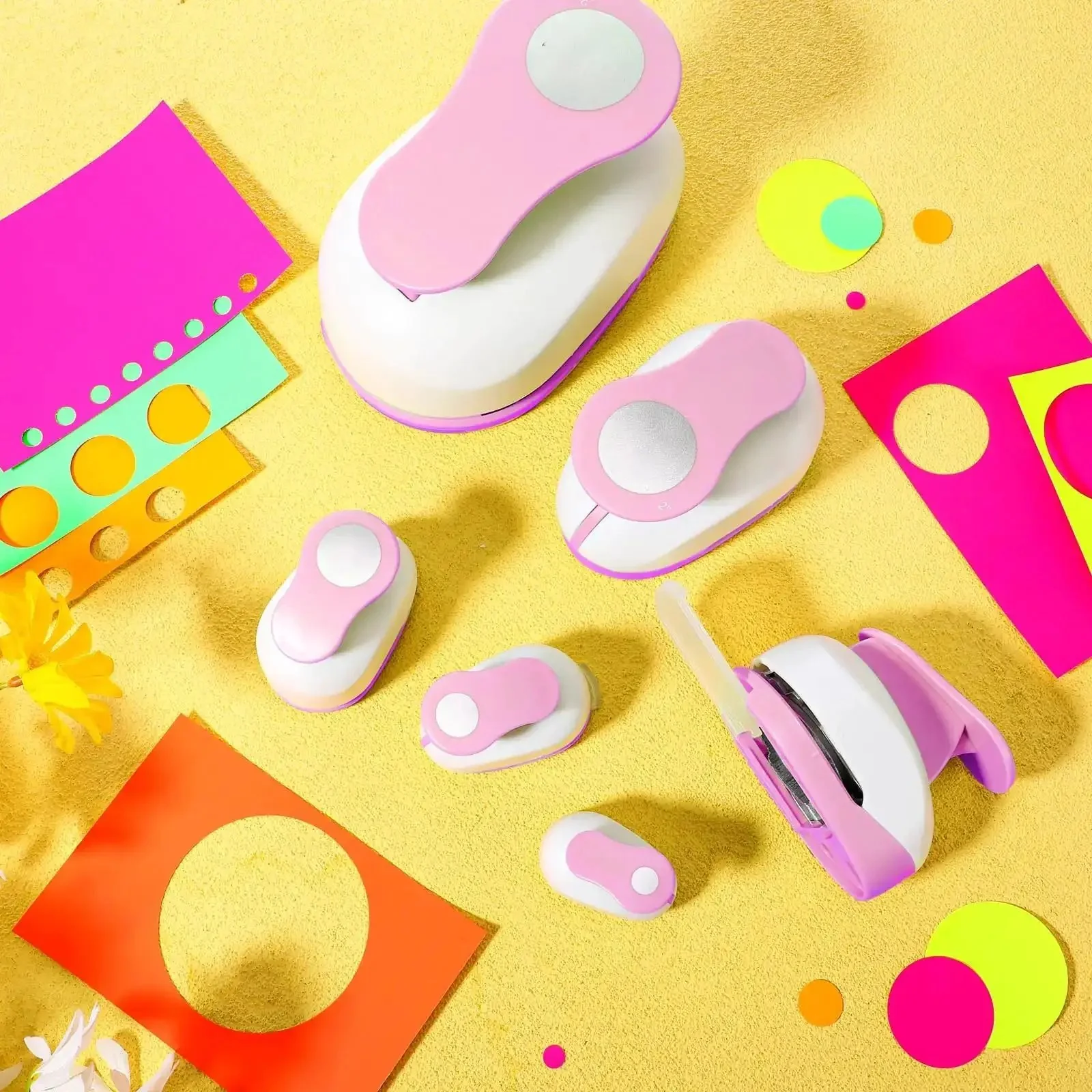 Dope 6 Piece Circle Punch Set For Scrapbooking And Crafts, Includes 0.3, 0.6, 1, 1.5, 2, 3 Inch Hole Punches With 10 Colorful Sticker Papers, Great For Albums, Photos, Cards, And DIY Office Projects - Image 4