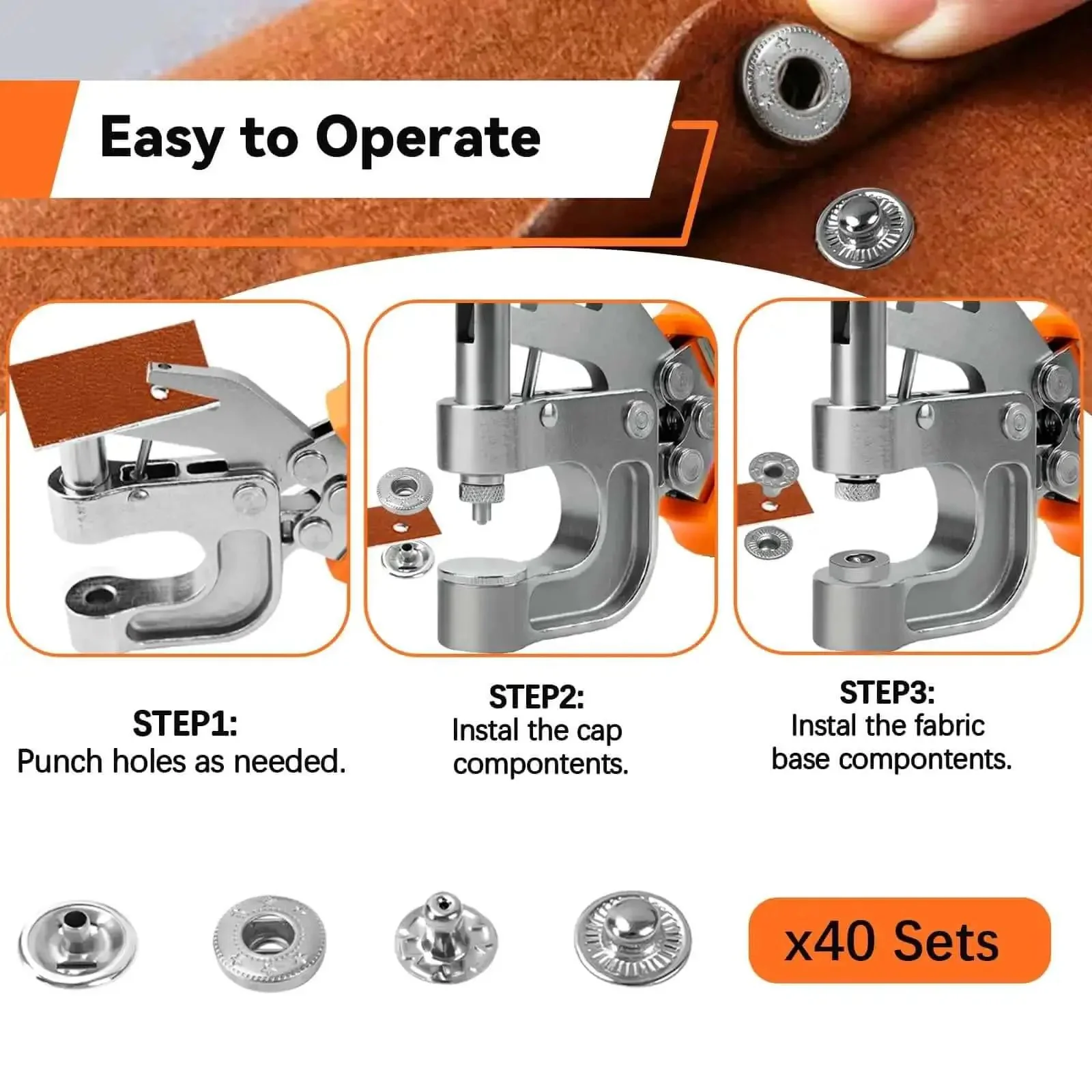 Dope All In One Leather Snap Tool Kit With 40 Silver 15mm Snaps Hole Punch And Snap Press Pliers For Leather Craft Jackets And Bags Ergonomic Design For Safe Easy Repairs And Pro Level Results - Image 7