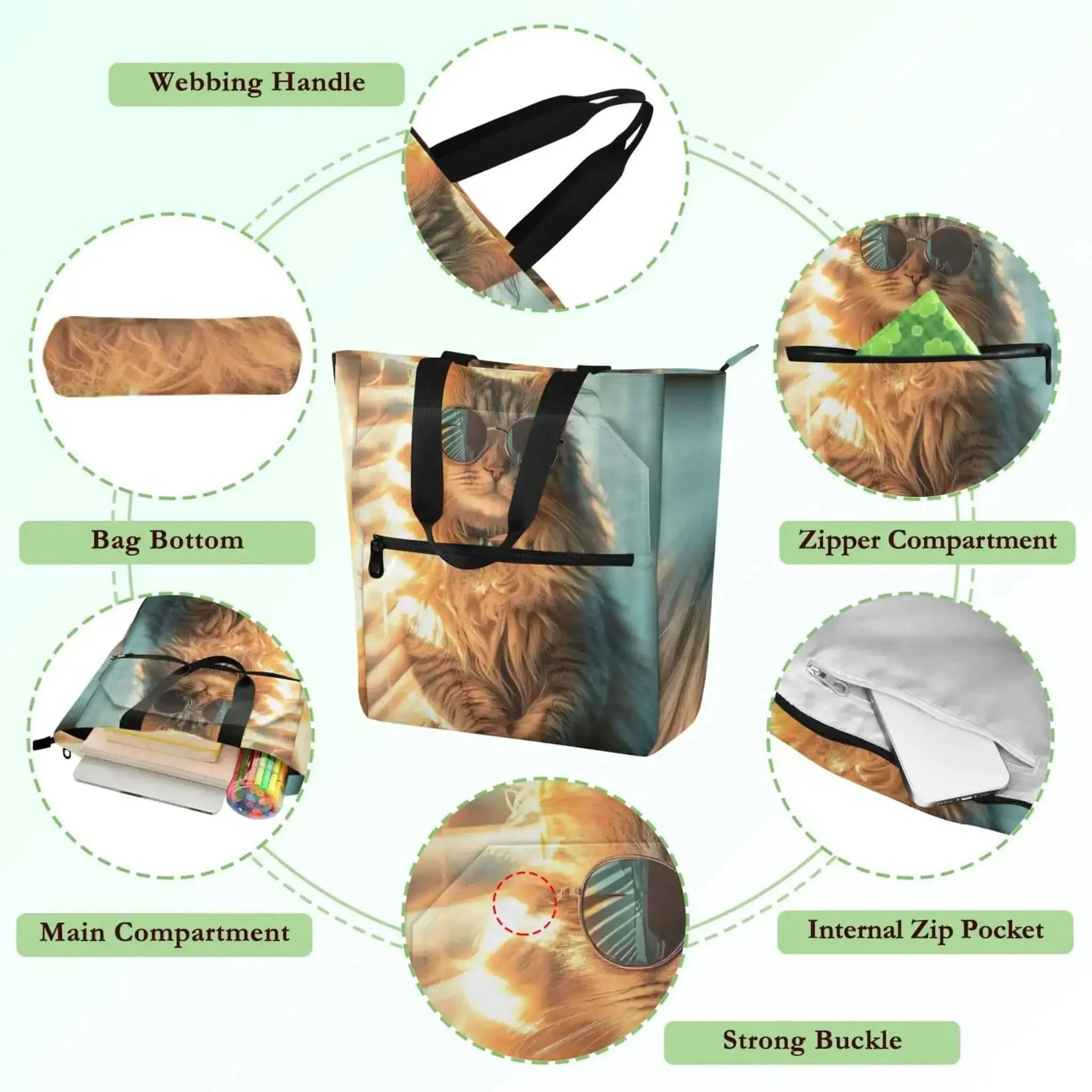 Dope Cat Sunglasses Print Tote Bag For Women And Kids Zipper Shoulder Bag Perfect For School Work Or Everyday Use Spacious Main Compartment Water Resistant Made From 100 Percent Polyester - Image 3