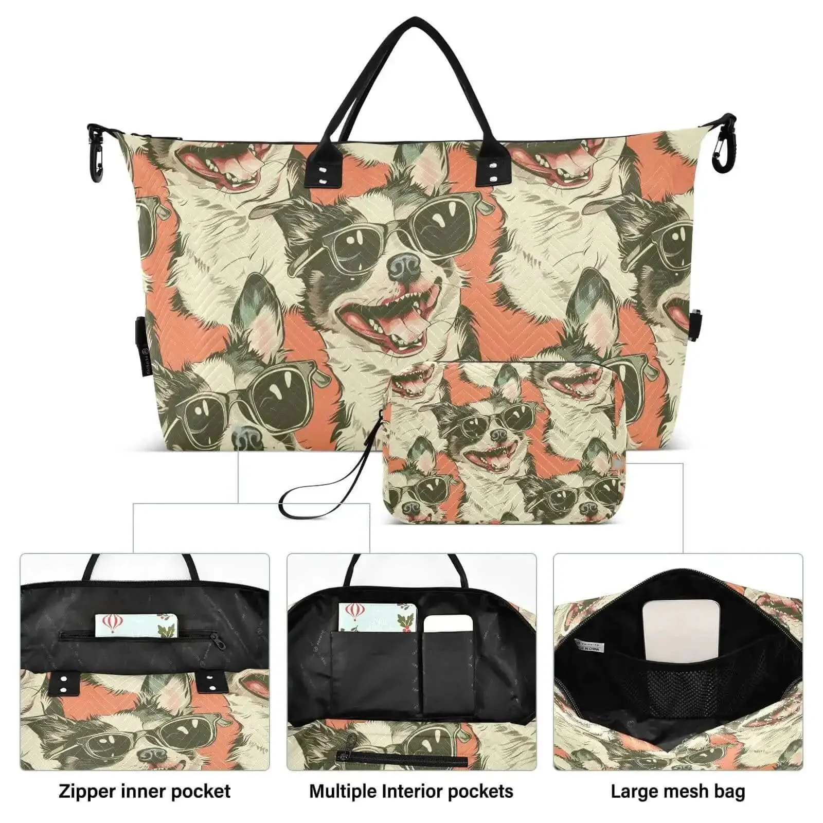 Dope Cool Dog Wear Sunglasses Travel Duffel Bag Gym Bag Sports Tote Weekender Overnight Bag For Women And Men Durable Polyester Carryall Designed For Travel Business Trip Workout And Weekend Getaways - Image 5