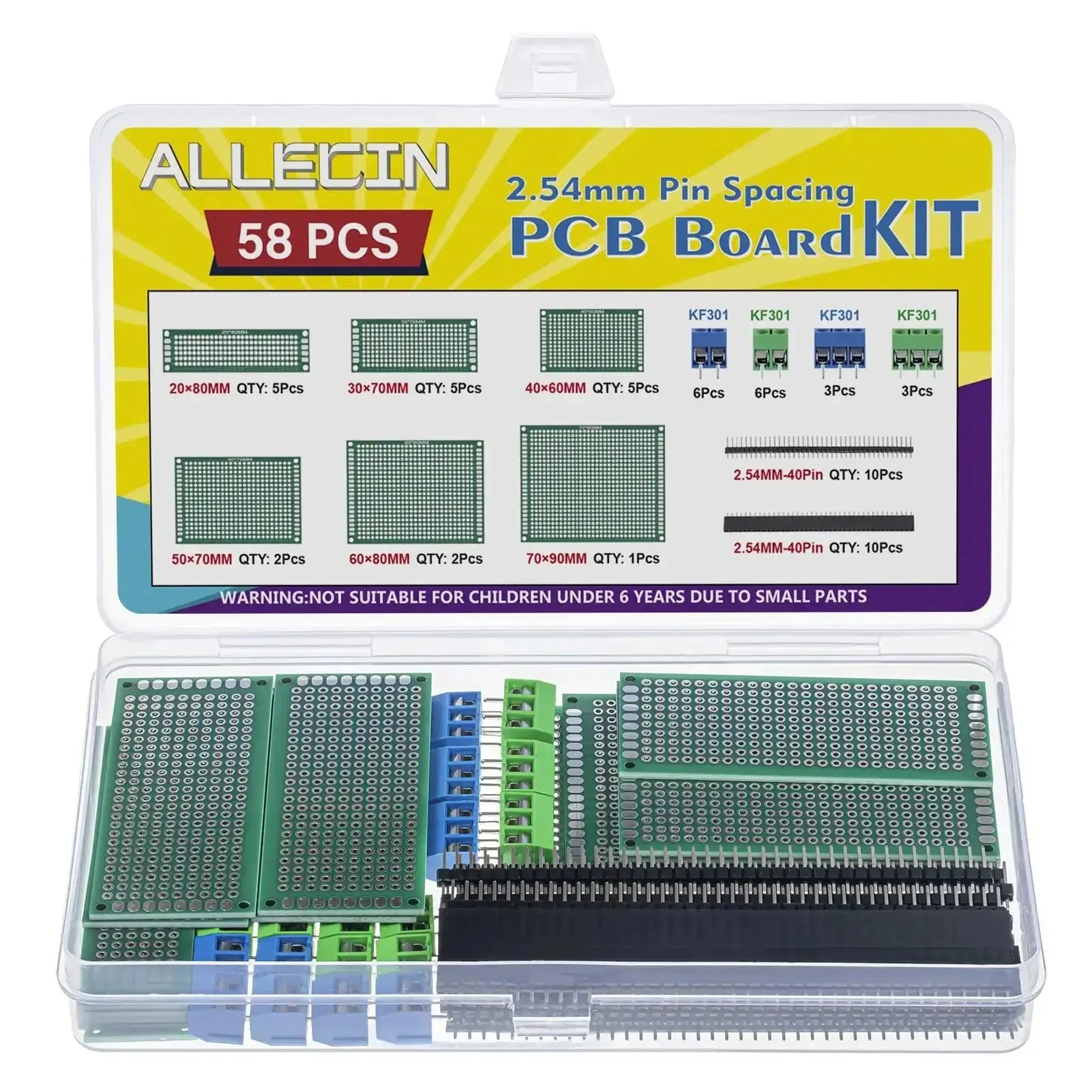 Dope DIY PCB Prototype Kit With 58 Pieces In Six Sizes Double Sided Solder Boards 2.54mm 40 Pin Header Connectors And 5mm KF301 Terminal Blocks For Easy Soldering And Arduino Projects