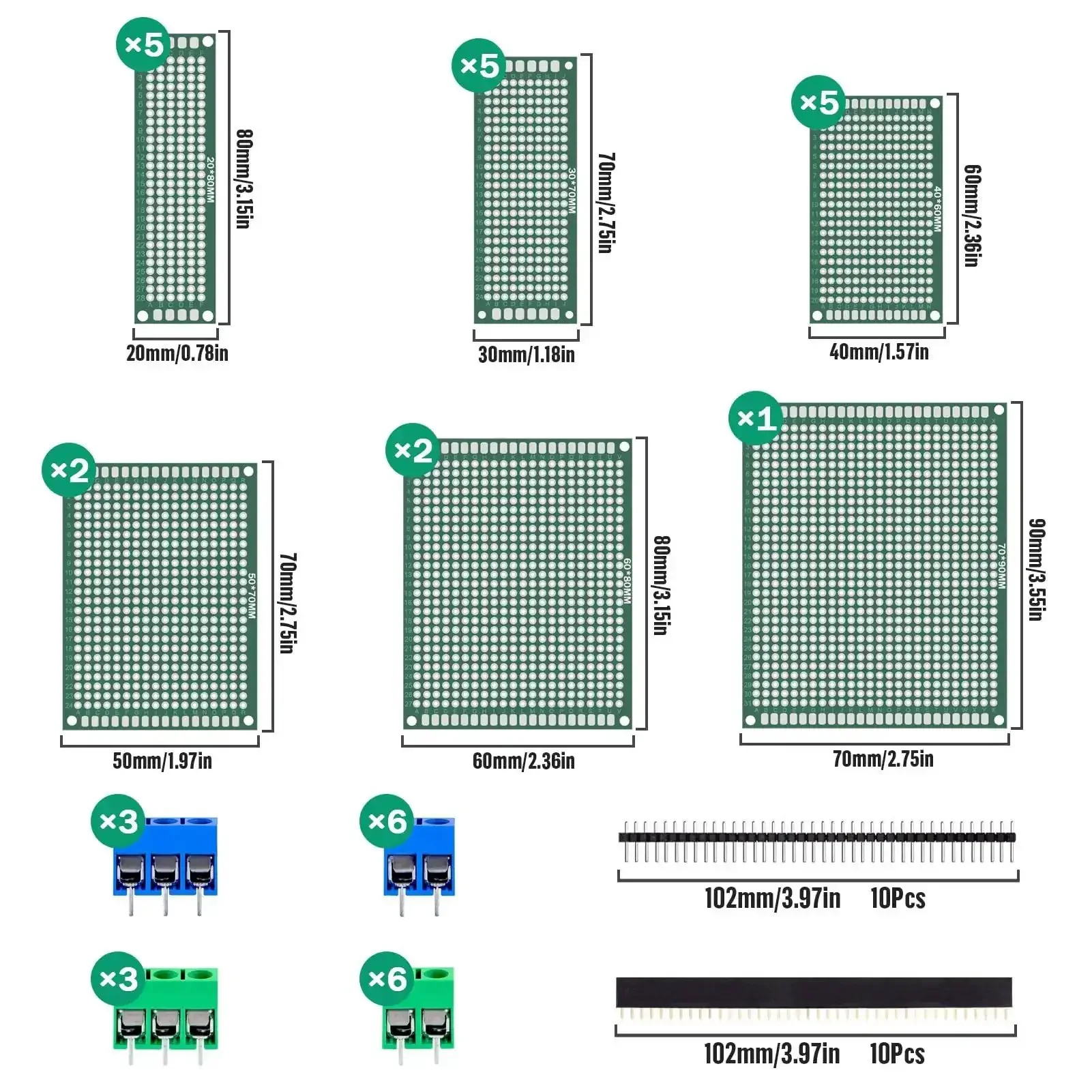 Dope DIY PCB Prototype Kit With 58 Pieces In Six Sizes Double Sided Solder Boards 2.54mm 40 Pin Header Connectors And 5mm KF301 Terminal Blocks For Easy Soldering And Arduino Projects - Image 5