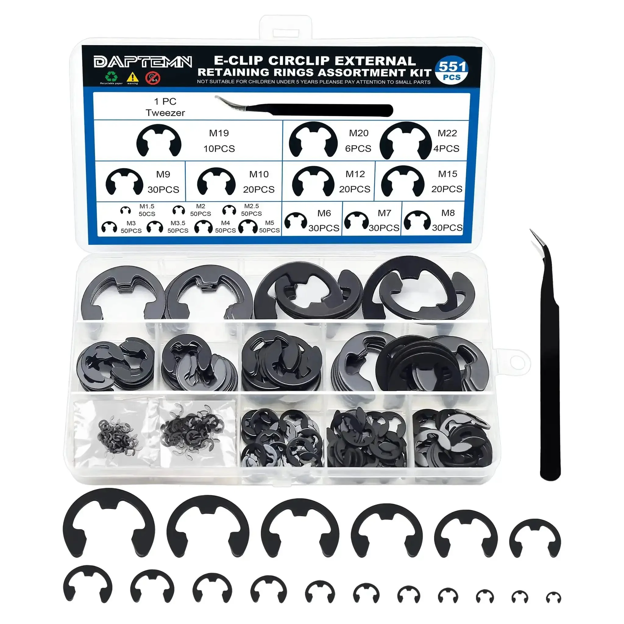 Dope External E Clip Circlip Retaining Rings Kit 550 Pcs With Carbon Steel Rings And 1 Pcs Tweezers Includes Sizes M1.5 To M22 For Machinery Automotive DIY Projects