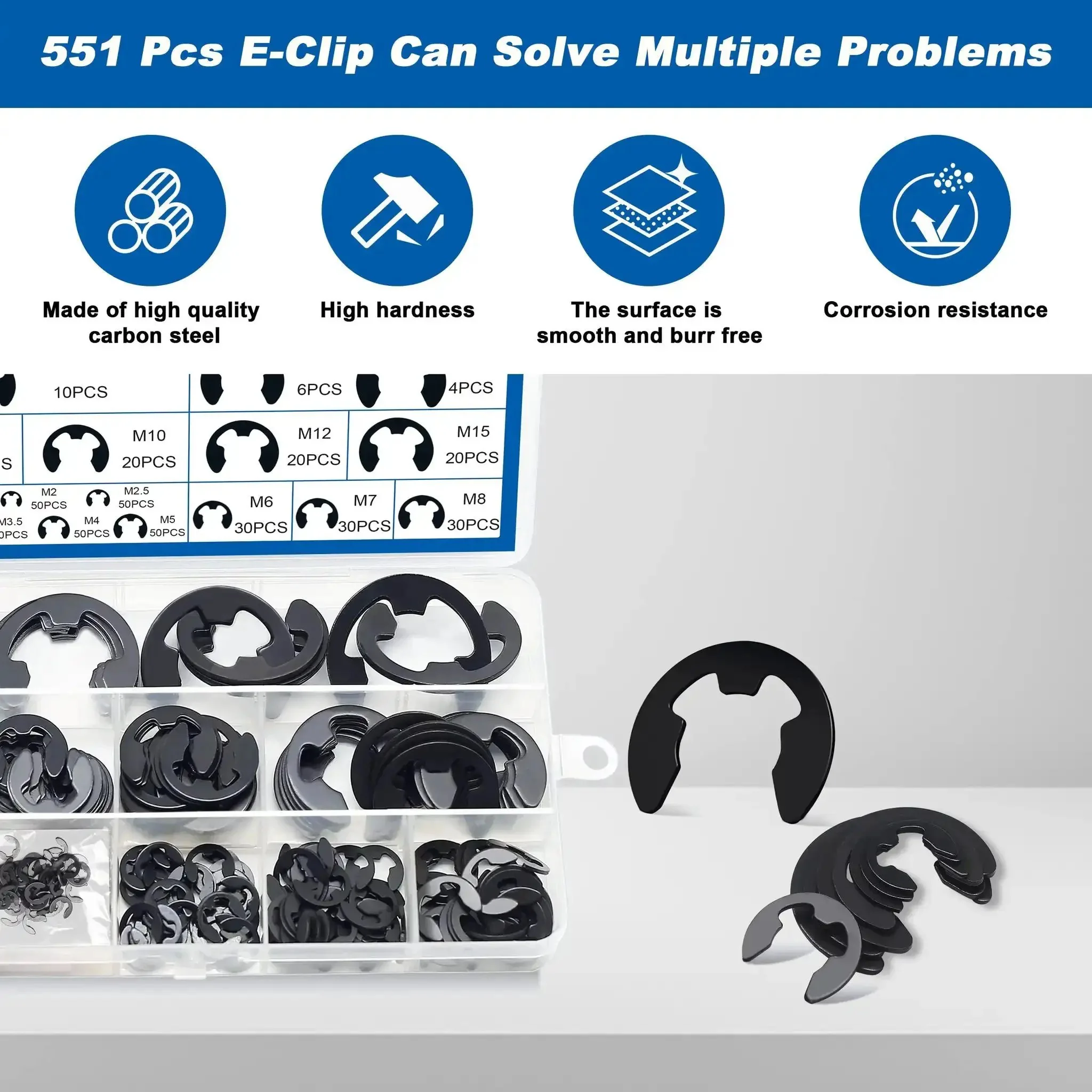 Dope External E Clip Circlip Retaining Rings Kit 550 Pcs With Carbon Steel Rings And 1 Pcs Tweezers Includes Sizes M1.5 To M22 For Machinery Automotive DIY Projects - Image 7